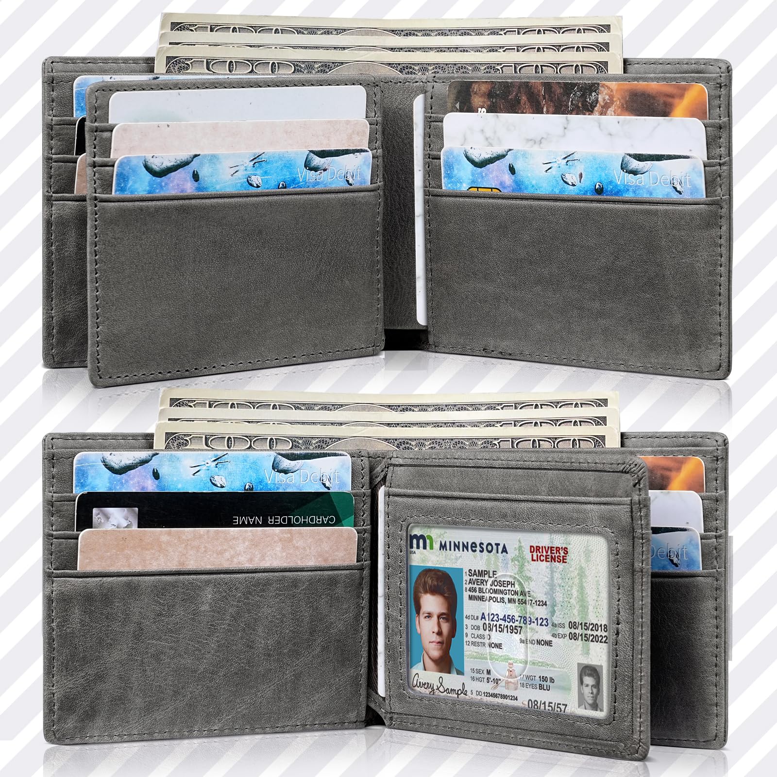 Artpaxy Mens Wallet Genuine Leather Bifold RFID Blocking Wallet for Men with 1 ID Window 13 Card Holders 2 cash pockets 1 Gift Box