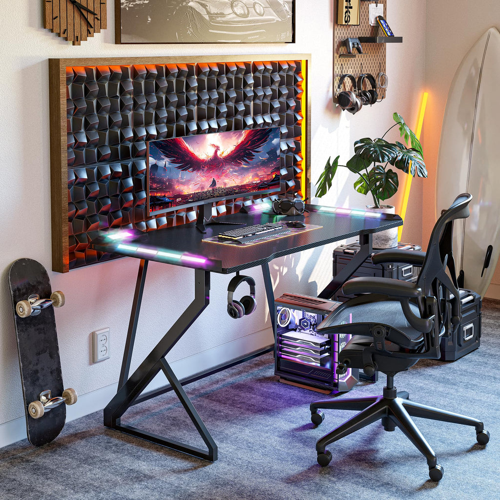 TIQLAB Gaming Desk with LED Lights, 40 Inch Computer Desk Z Shaped Gamer Workstation, Gaming Table with Carbon Fiber Surface, PC Gamer Desk, Black