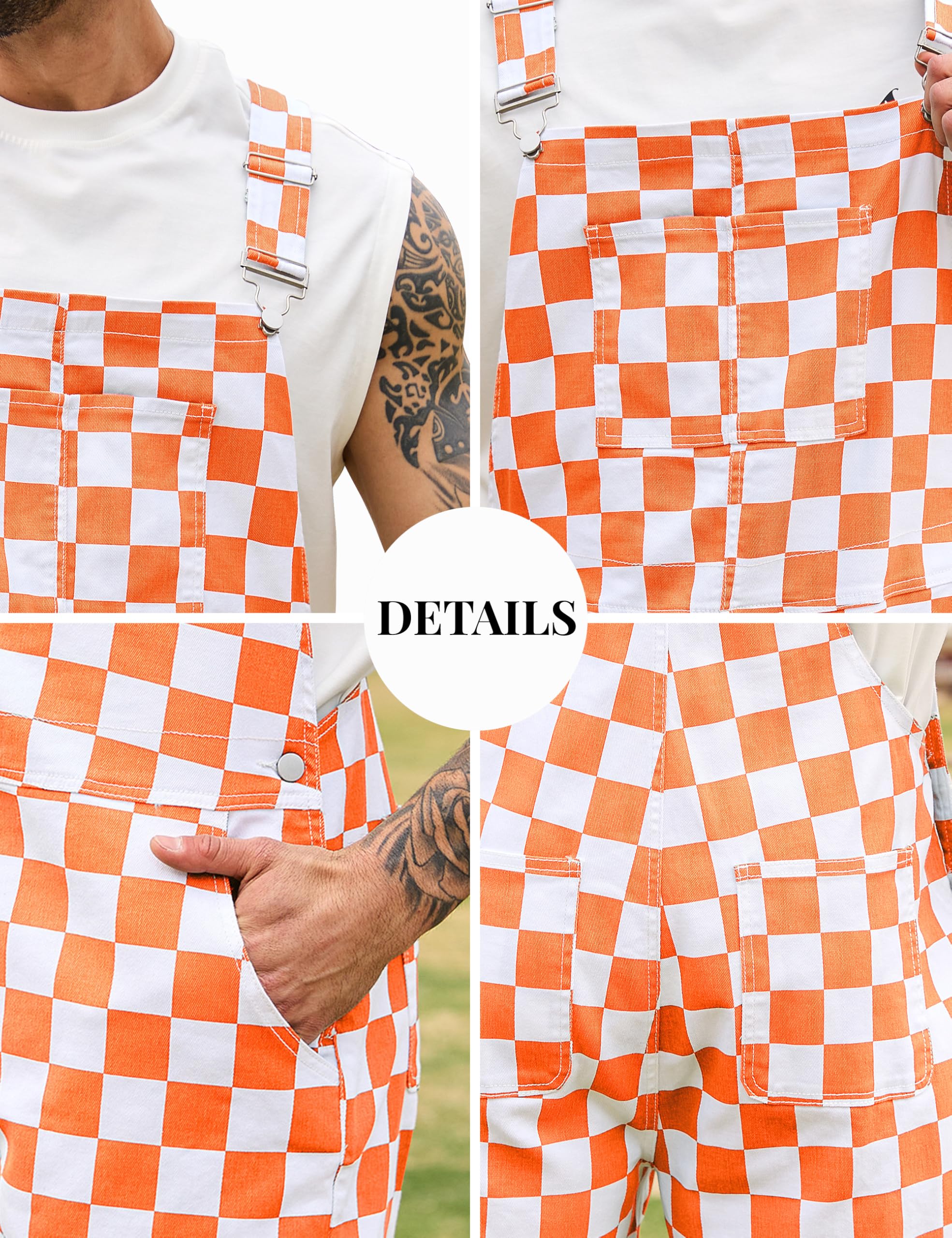 Odefou Checkered Bib Overalls for Men Jumpsuit Shorts Work Coveralls