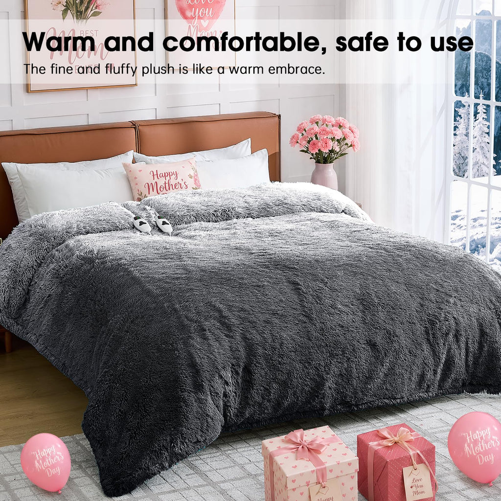 Heated Electric Blanket Queen–Faux Fur with Soft Thick SherpaWarm Winter Birthday Gifts for Women Grandma,Dual Control,10 Heat Settings,5 Time Settings, 84x90, Beige