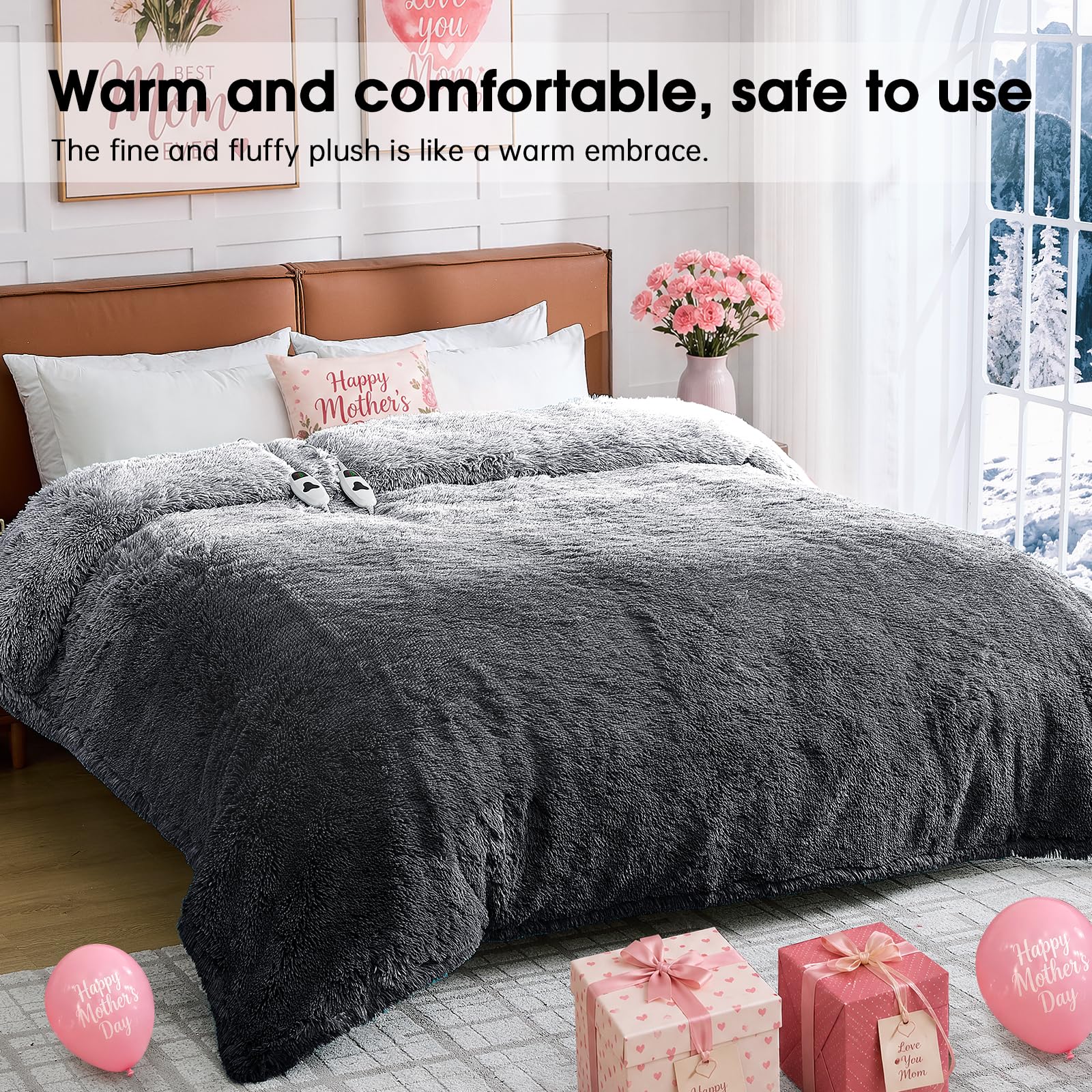 Heated Electric Blanket Queen–Faux Fur with Soft Thick SherpaWarm Winter Birthday Gifts for Women Grandma,Dual Control,10 Heat Settings,5 Time Settings, 84x90, Beige