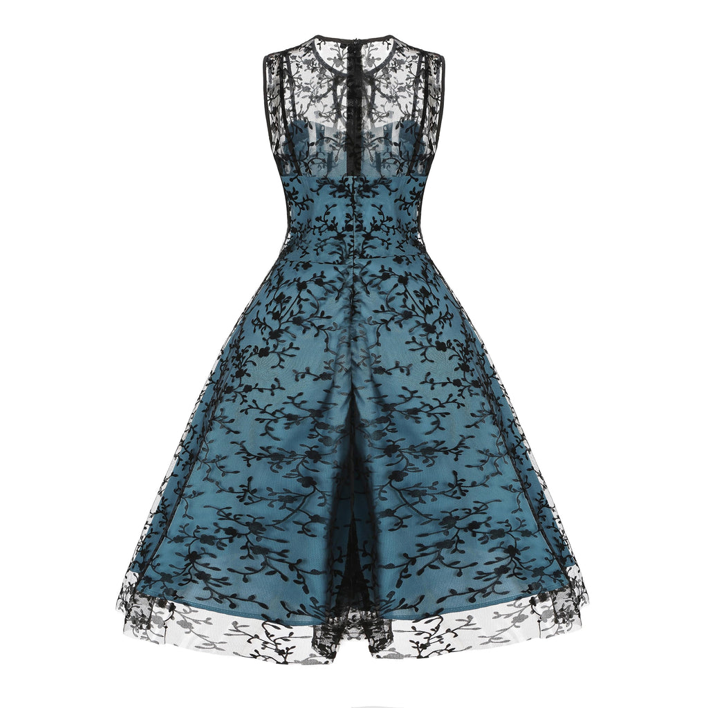 Women Mesh Floral Embroidery Vintage Cocktail Swing Dress Illusion 50s Goth Flared A line Casual Wedding Prom Evening Dress