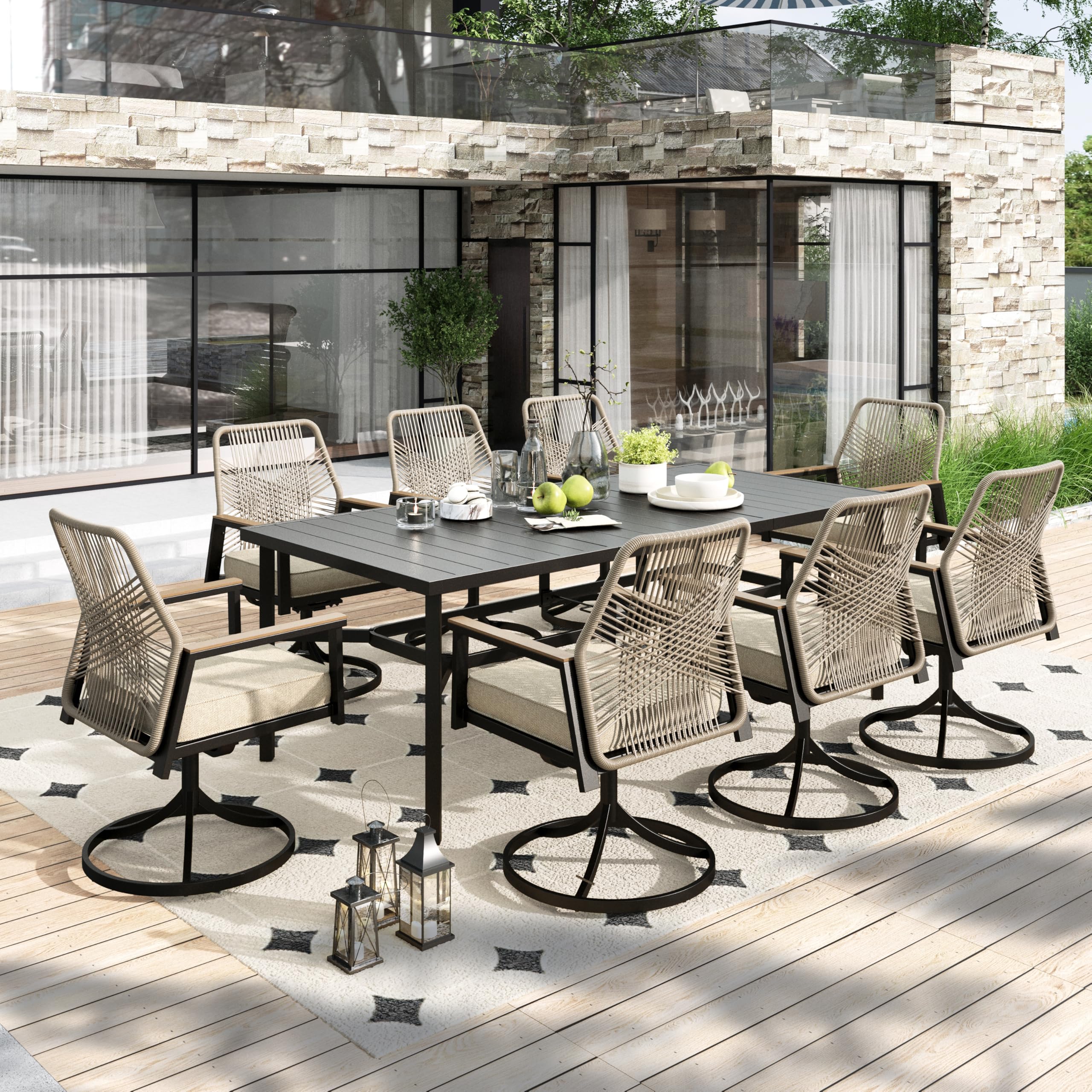 HERA'S HOUSE Outdoor Chairs Set of 2, 36.6" Rattan Dining Chairs with Heavy-Duty Wrought Iron Metal Frame, All-Weather Patio Chair for Garden Lawn Backyard Kitchen Deck
