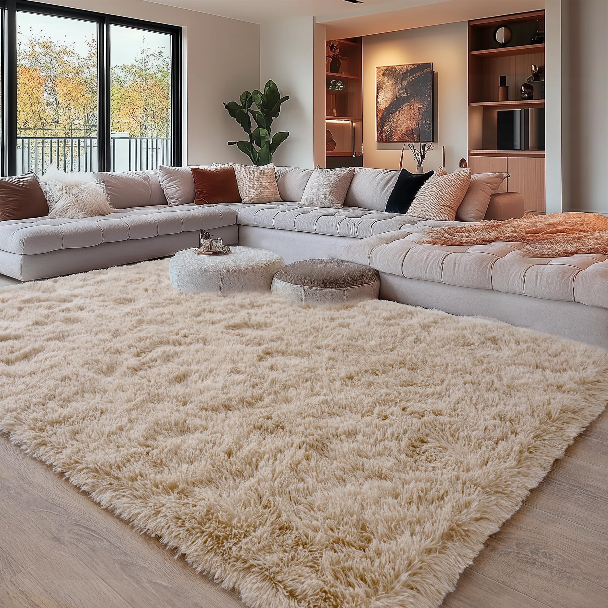 Beige Fluffy Rug for Bedroom 4x6ft - Ultra Soft & Non Slip Shaggy Area Rug, Comfy Durable Carpet for Living Room Kids Room Teens Dorm Home Decor, 1.7'' Thick Indoor Plush Carpets
