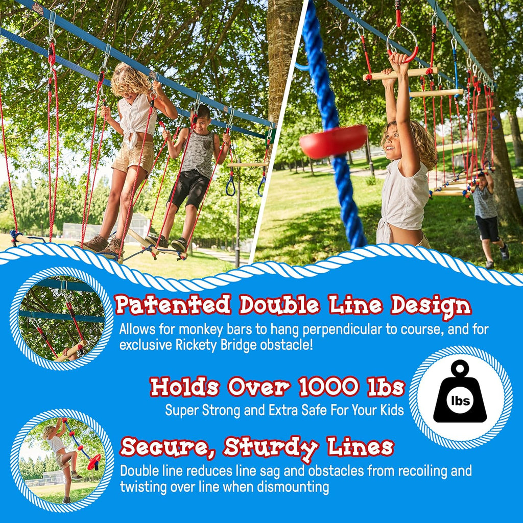 Double Slackline Obstacle Course - 110 Ft Line - Ninja Warrior Course with Monkey Bars for Kids - Patented Double Line Design (110' Ultimate Warrior Set, with Rickety Bridge)
