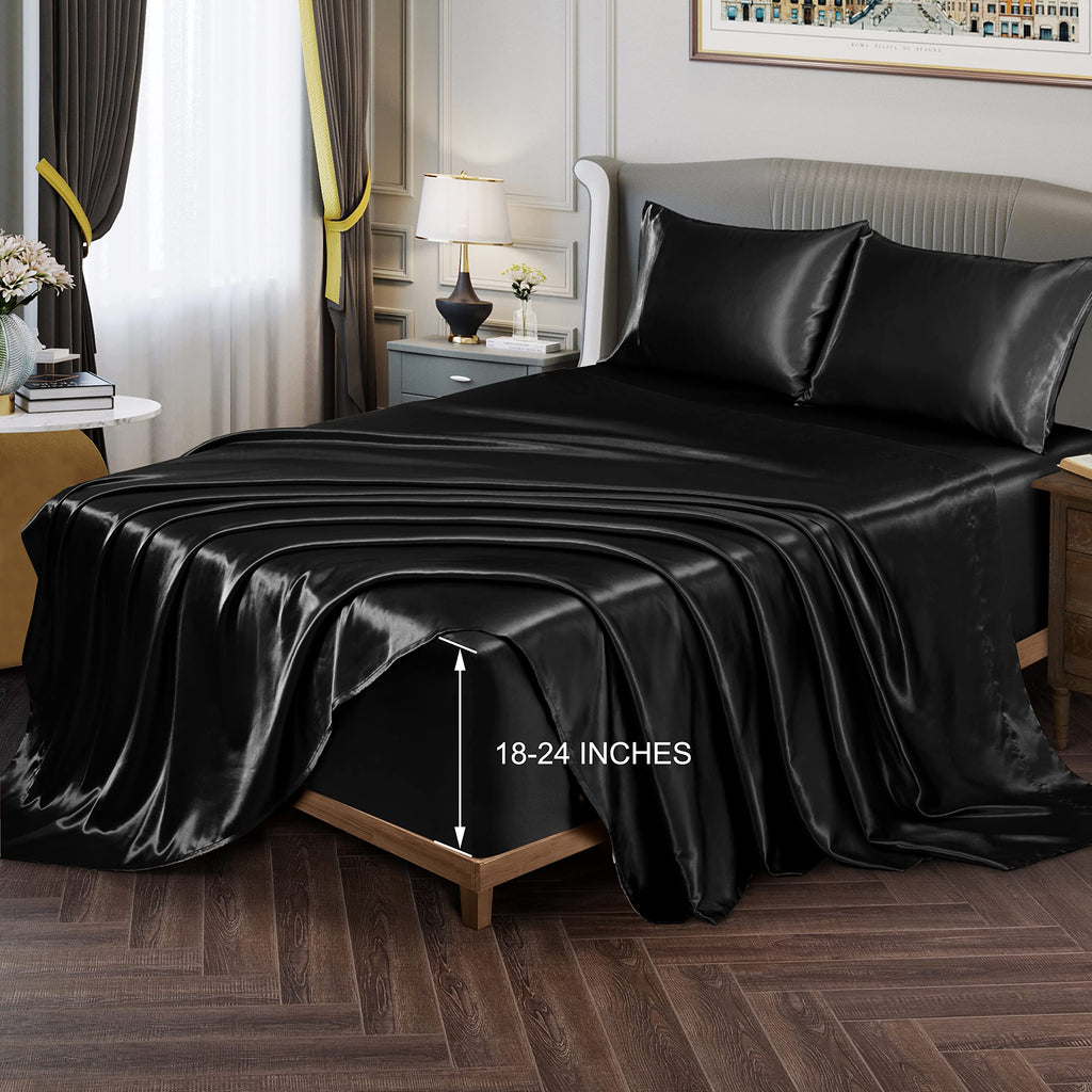 Vonty Extra Deep Pocket Full Sheet Sets - Cooling & Silky Satin Full Size Sheets with 18-24 Inch Deep Pocket, Black Satin Bed Sheets Fit Up to 24" Deep Mattress - 4 Piece Set