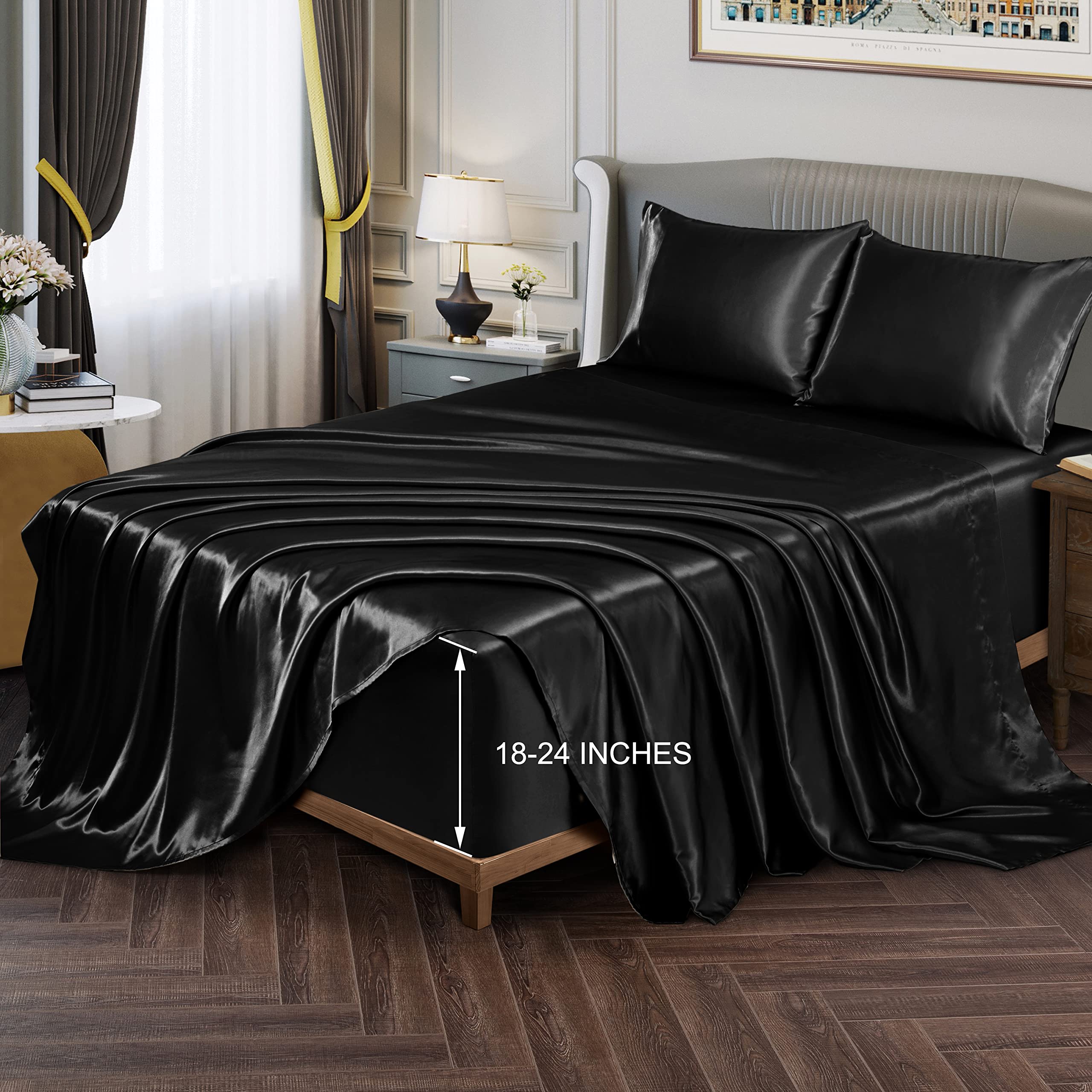 Vonty Extra Deep Pocket Full Sheet Sets - Cooling & Silky Satin Full Size Sheets with 18-24 Inch Deep Pocket, Black Satin Bed Sheets Fit Up to 24" Deep Mattress - 4 Piece Set
