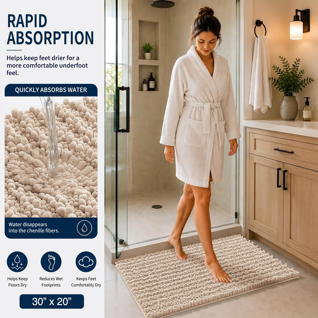 Yimobra Black Bathroom Rug Set 3 Piece - Super Absorbent Quick Dry Chenille Bath Mats & Toilet Rug, Non Slip Machine Washable, Extra Thick Shaggy Floor Mat for Shower Tub Sink