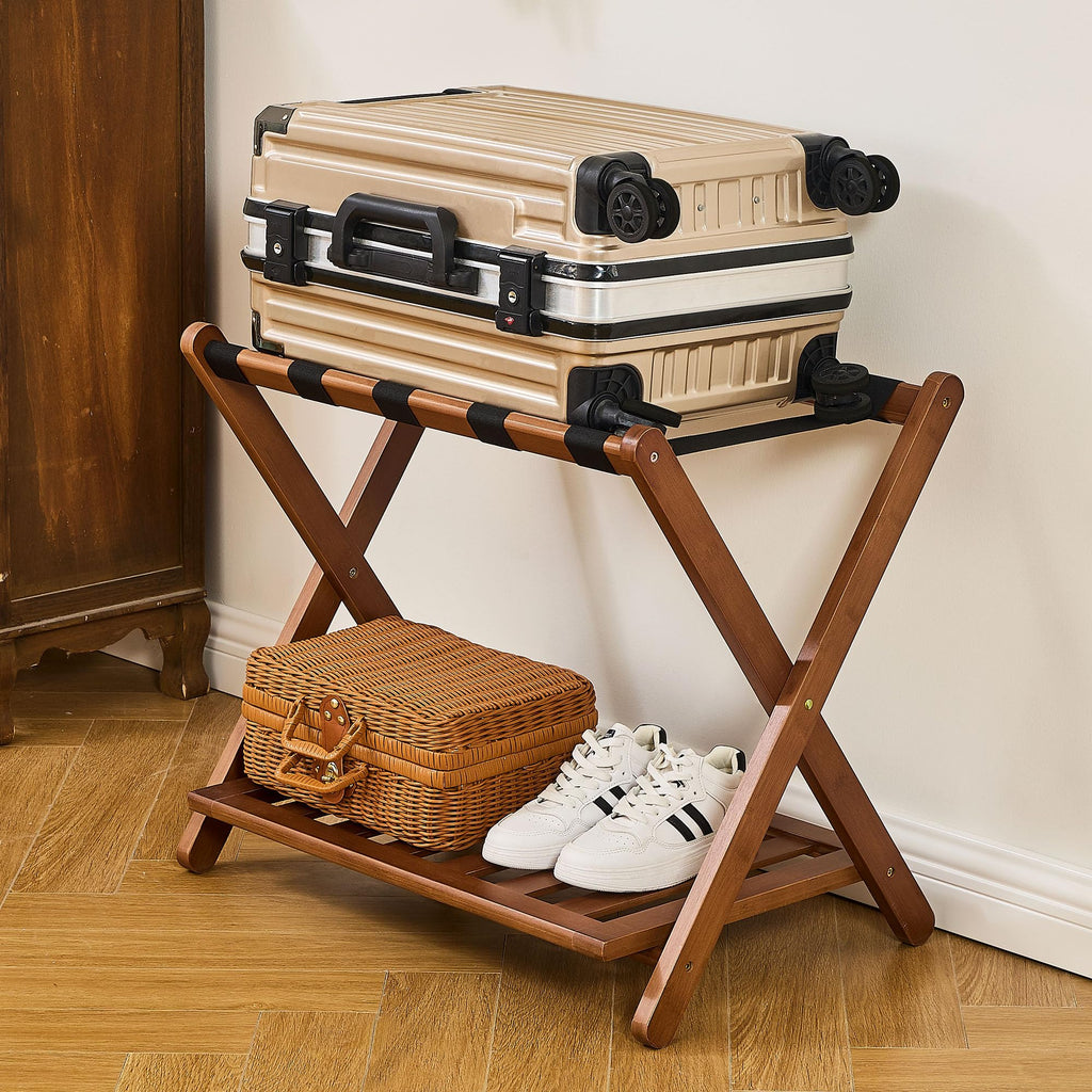 oakvivo Fully Assembled Black Luggage Rack for Guest Room, Bamboo Foldable Suitcase Stand with 5 Nylon Straps, Upgraded Luggage Rack Holder with Shelf for Bedroom Hotel, Holds up to 165 Lbs, 1pcs