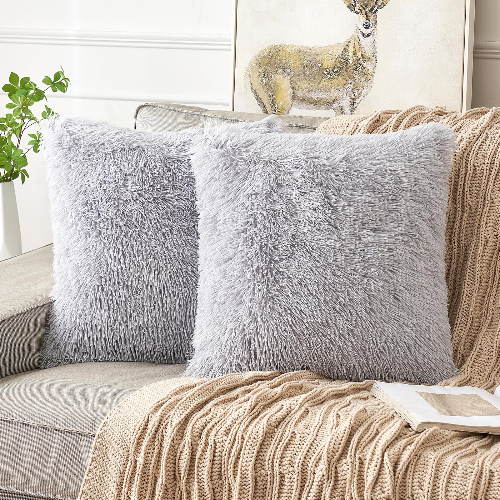 ANRODUO Pack of 2 Baby Pink Throw Pillow Covers Luxury Fluffy Pillows Faux Fur Decorative Pillows Plush Cushion Case Fuzzy Mongolian Merin Style for Bed Couch Sofa Living Room Summer Decor 16x16 Inch