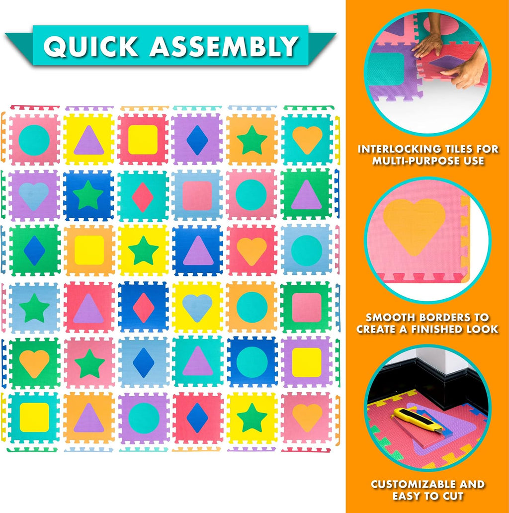 ProSource Kids Foam Puzzle Floor Play Mat with Shapes & Colors 36 Tiles, 12"x12" and 24 Borders