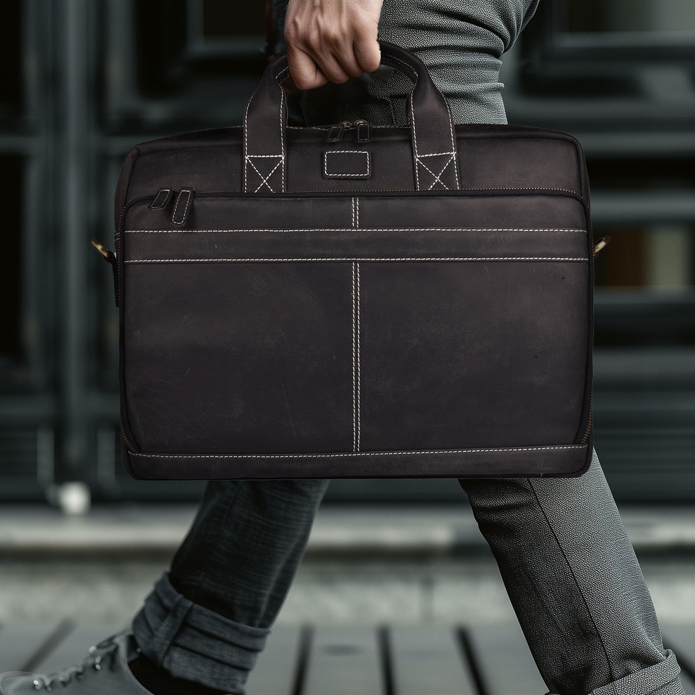 LEATHER VILLAGE 16" Leather Laptop Messenger Briefcase Bag for Men-Leather Satchel for Travel and Office Shoulder Bag-Black