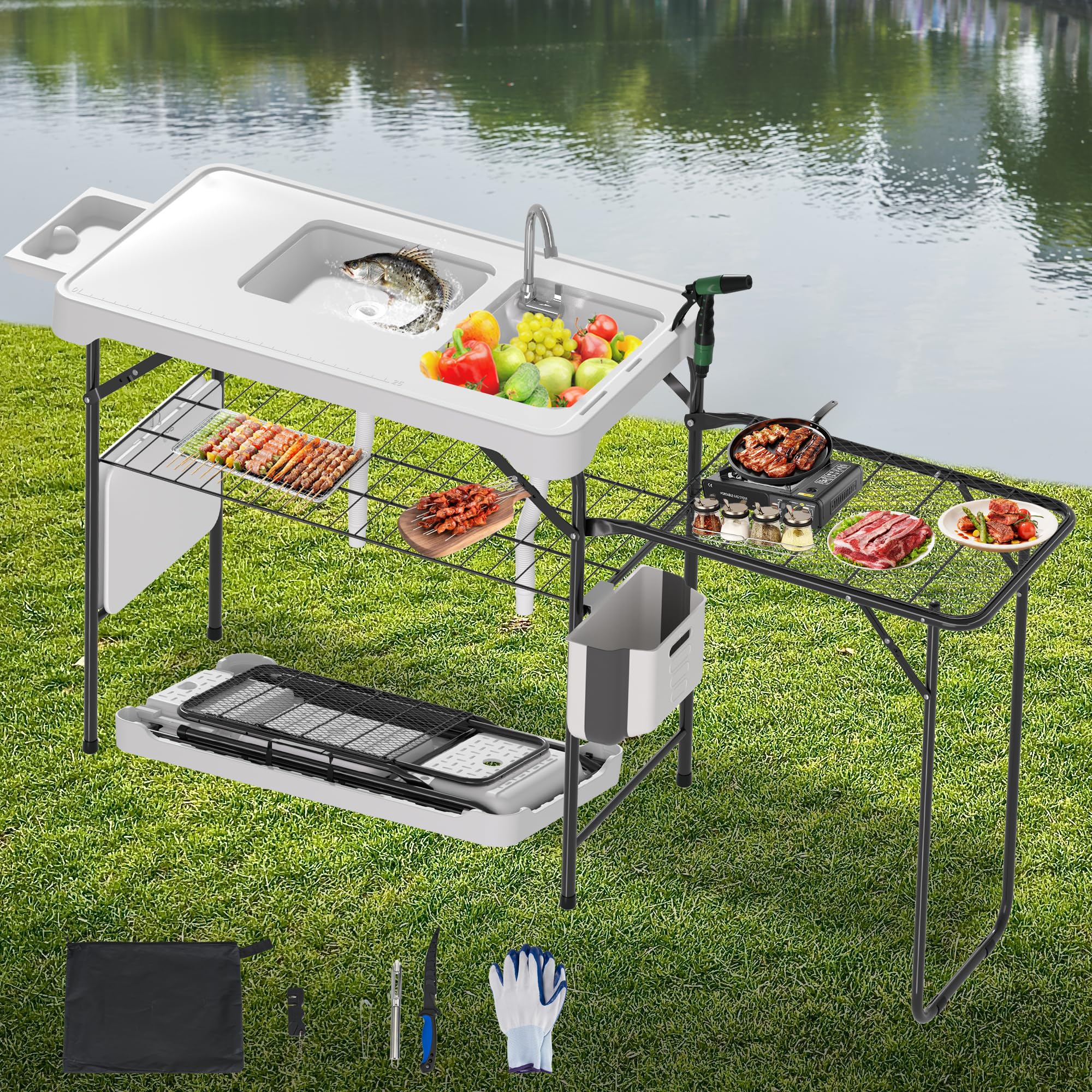 Dragosum Fish Cleaning Table, Portable Folding Camping Table with Folding Grill Extension Board, Fish Cleaning Station with Dual Sinks, Hose Hook Up
