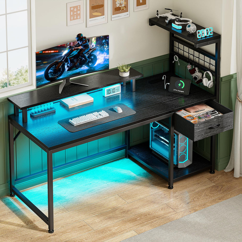 EnHomee 40" Gaming Desk with Power Outlets & LED Lights, Computer Desk with Drawer & Storage Shelve, Home Office Desk with Monitor Stand for Living Room, Study Room, Gaming Room, Black