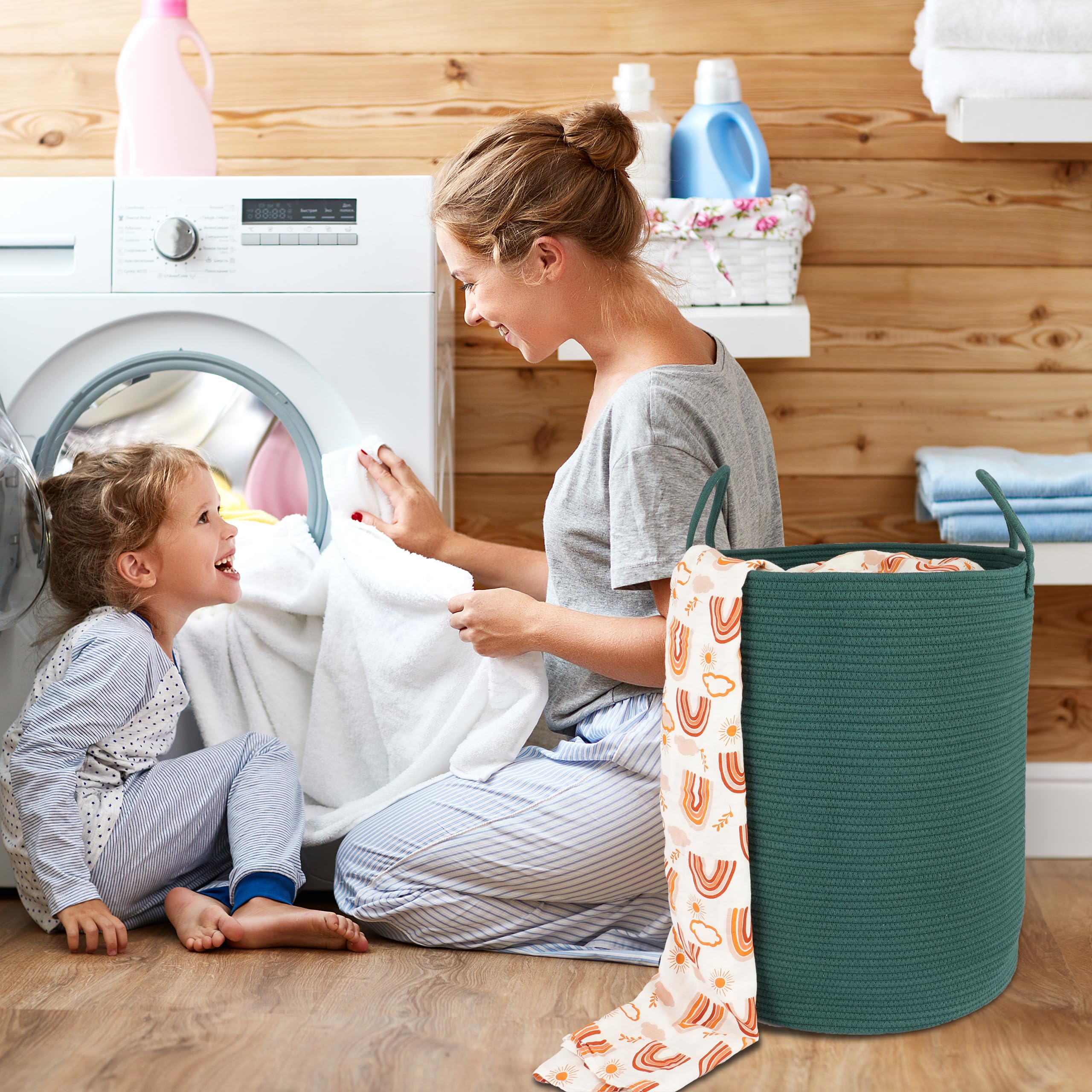 XUANGUO Black Cotton Rope Laundry Basket Hamper for Clothes Woven Storage Basket for Living Room Bedroom Boho Tall Rope Baskets for Blanket Toys Pillow Towels Baby Nursery Hamper Bin Large