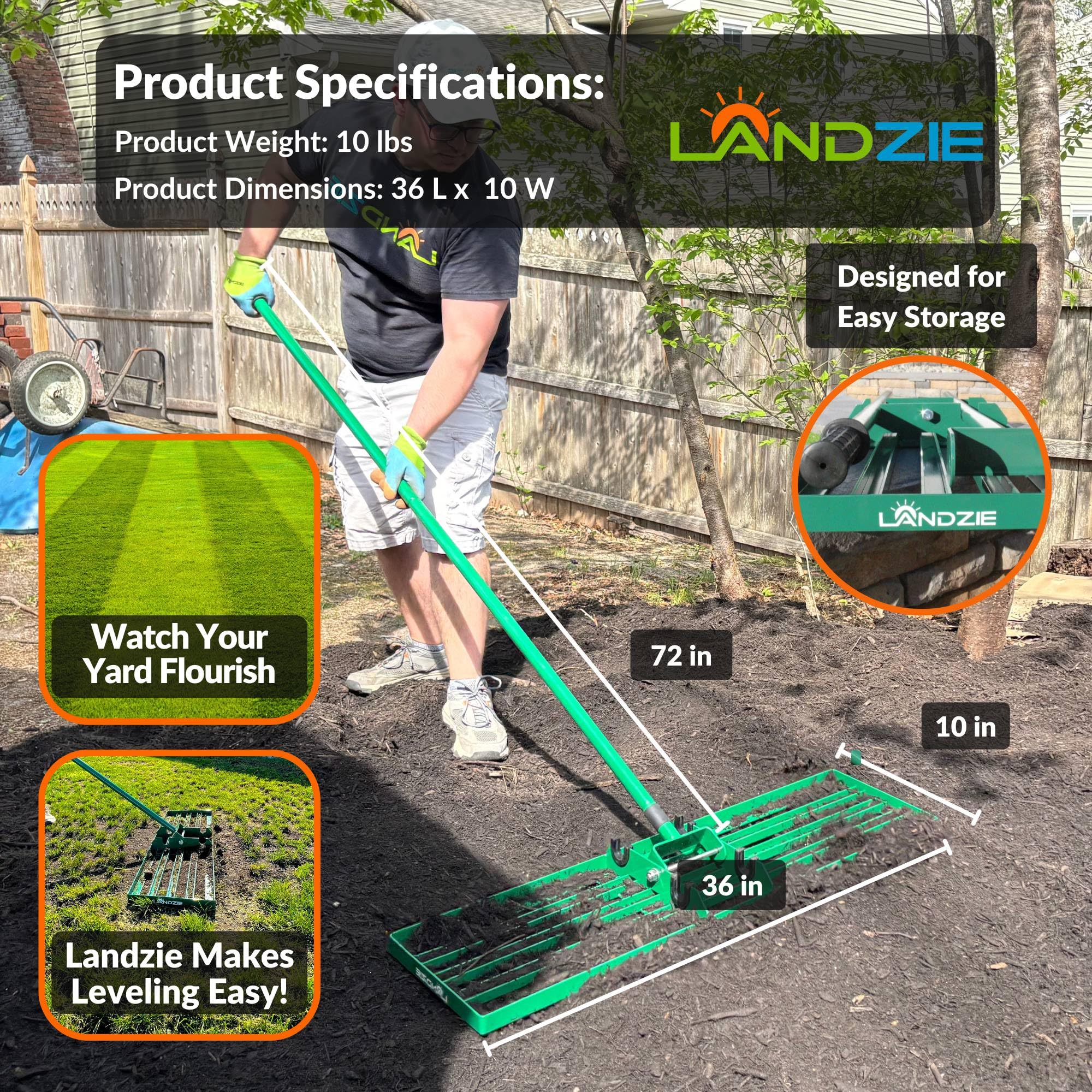 LANDZIE - The Original Lawn Leveling Rake – 24" Steel Handle Yard Leveler, Lawn Level Tool for Creating a Flat Surface - Works for Soil, Dirt, Topdressing, and Ground