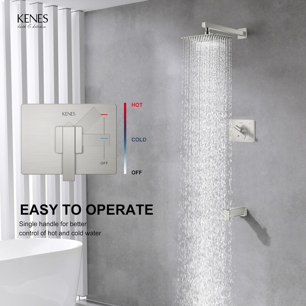 KENES Brushed Nickel 10-Inch Shower Head and Handle Set, Square Shower Faucet Set Bathroom Rainfall Shower System Wall Mount, KE-6024B (Shower Valve Included)