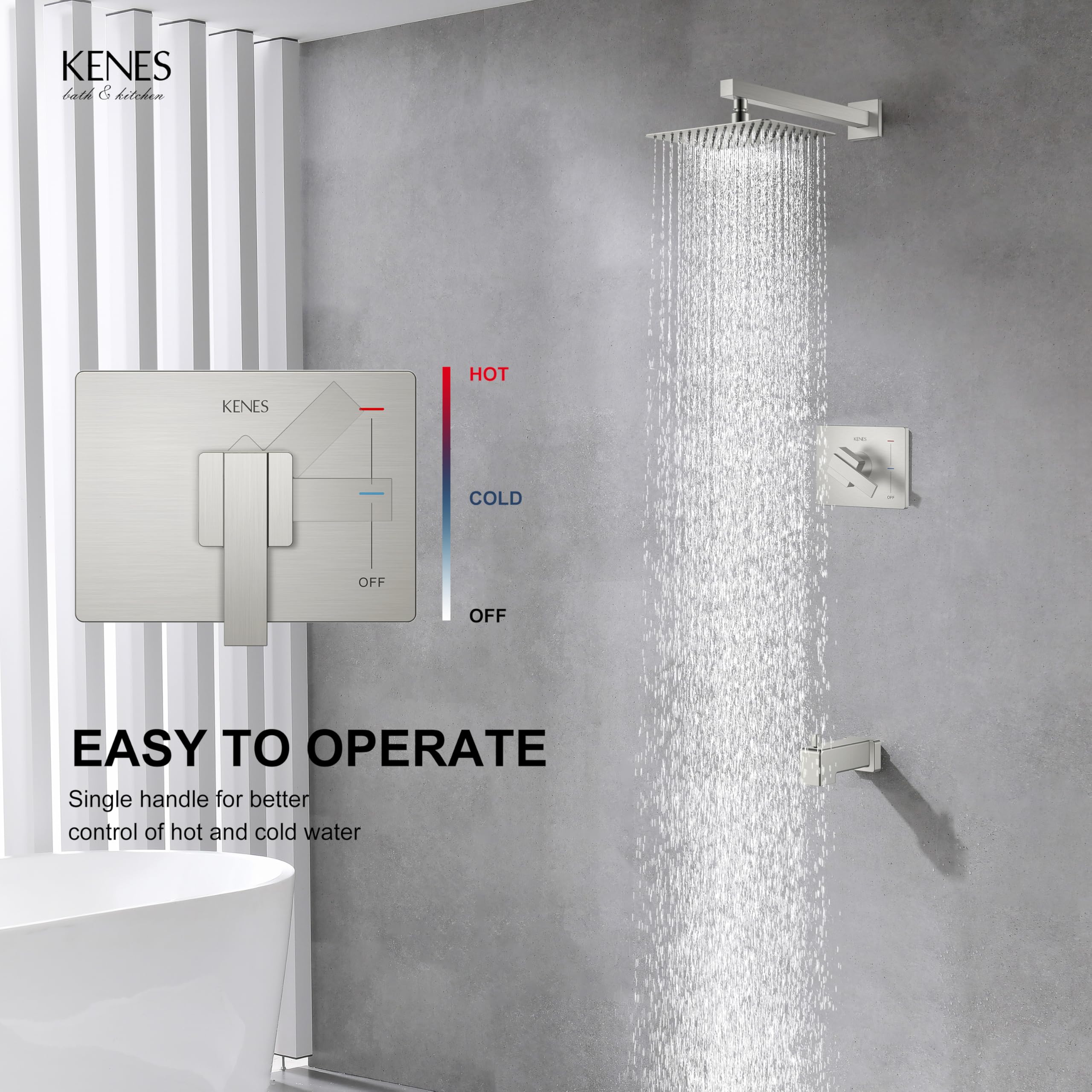 KENES Brushed Nickel 10-Inch Shower Head and Handle Set, Square Shower Faucet Set Bathroom Rainfall Shower System Wall Mount, KE-6024B (Shower Valve Included)