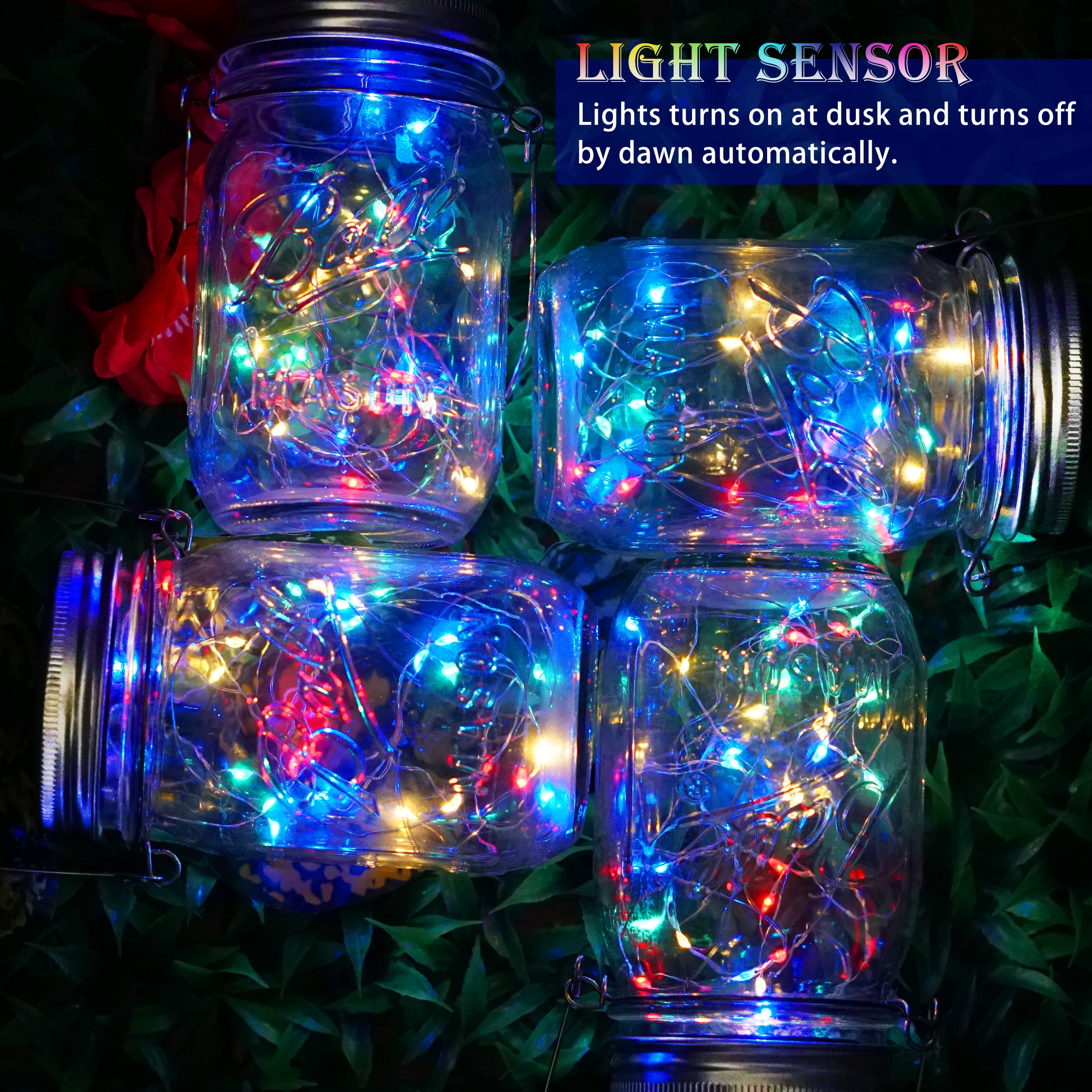 SunKite Solar Mason Jar Lights [Updated], 8 Pack 20 LED Waterproof Fairy Firefly Jar Lids String Lights with Hangers(NO Jars), Patio Yard Garden Wedding Decoration - Colorful