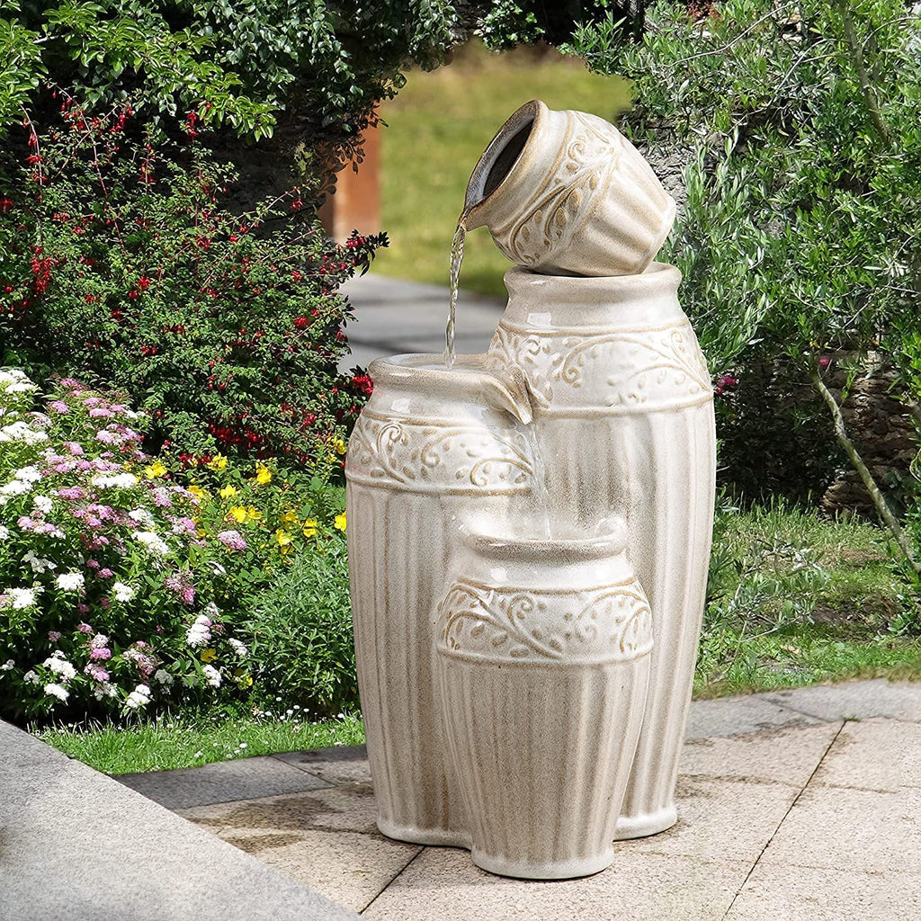 Glitzhome 27.25" H Outdoor Garden Water Fountain with LED Lights and Pump, 4 Tier Cobalt Blue Embossed Pattern Ceramic Pots Cascading Floor Standing Fountain for Porch Deck Patio Backyard Decoration