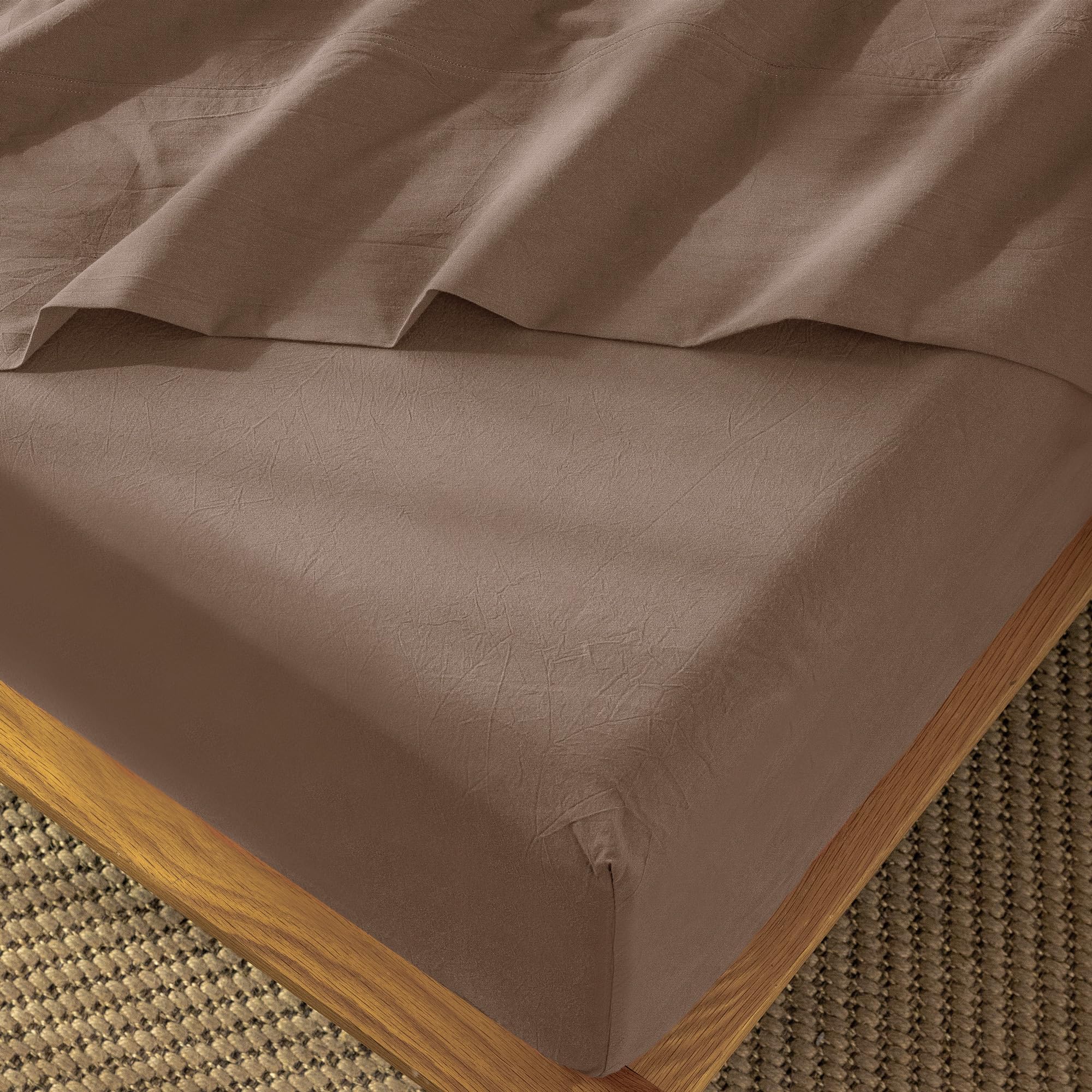 MooMee Fitted Bottom Sheet Only 100% Washed Cotton Linen Like Textured Breathable Durable Soft Comfy Deep Pocket Fits Mattress up to 17" (Almond Milk Grey, Twin)