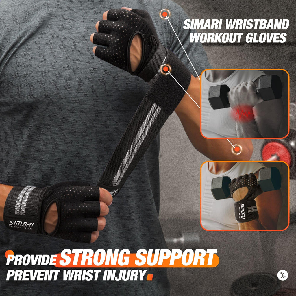 SIMARI Breathable Workout Gloves for Men Women, Padded Weight Lifting Gloves with Wrist Wraps Support, Full Palm Protection, Grip for Gym Training, Fitness, Weightlifting, Exercise Fingerless Black