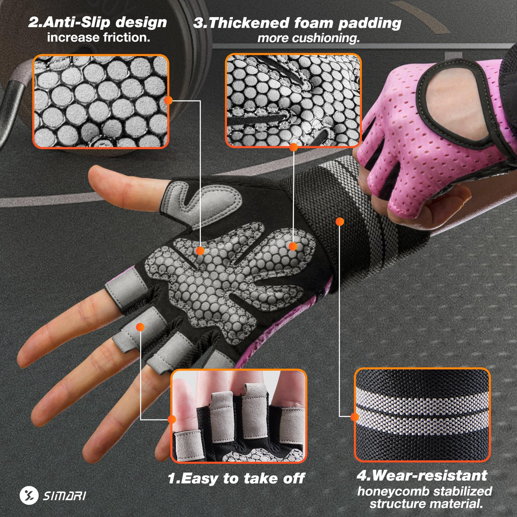 SIMARI Breathable Workout Gloves for Men Women, Padded Weight Lifting Gloves with Wrist Wraps Support, Full Palm Protection, Grip for Gym Training, Fitness, Weightlifting, Exercise Fingerless Black