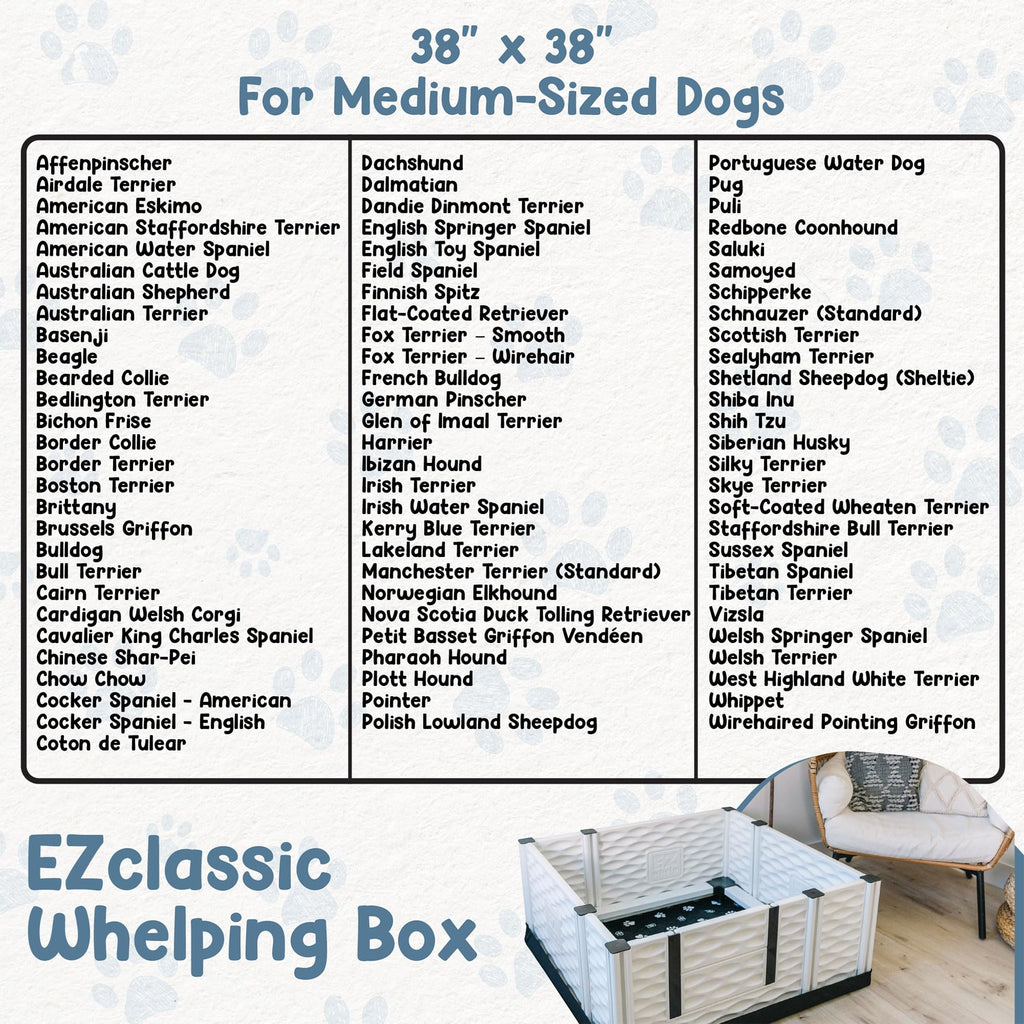 EZwhelp EZclassic Windowed 48"x48"x18" Whelping Box with Rails and Windowed Walls, Padded Dog Whelping Box, Black Pad