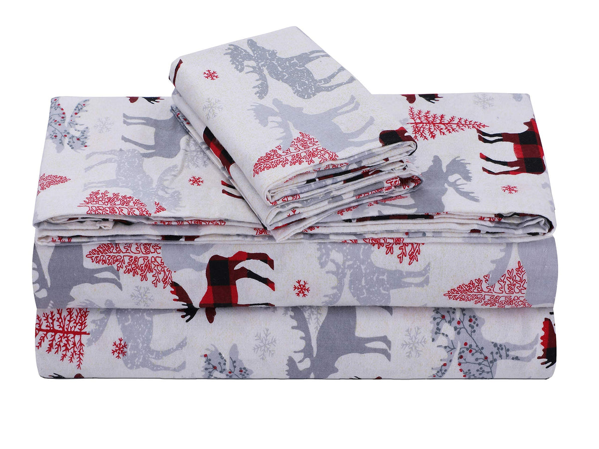 Feather & Stitch 100% Cotton Flannel Twin Sheet Set, 3 Piece Brushed Cotton Flannelette Flat Sheet, Winter Fitted Sheet, Heavy Weight Bedding, 16" Deep Pocket (Grey Plaid)