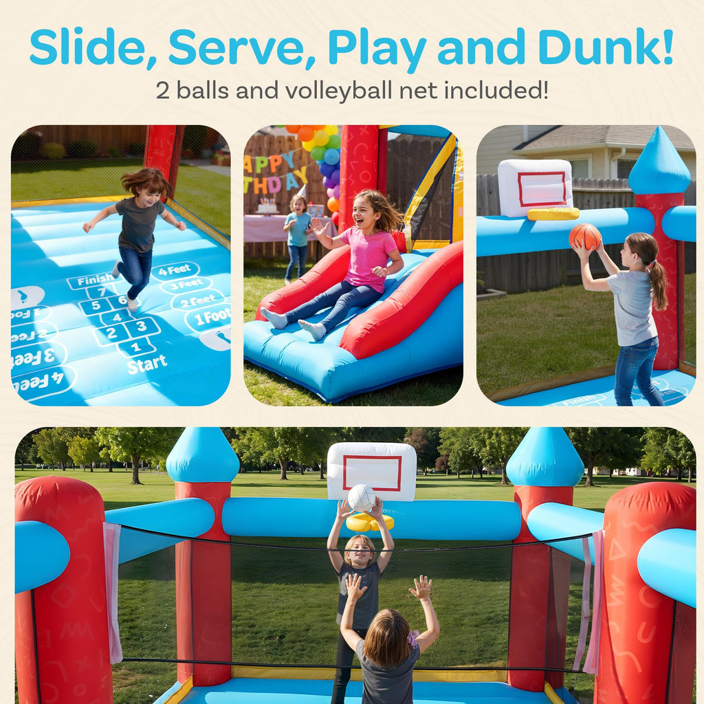 JoyBerri Mighty Bounce House with Blower -16.8' x8.9' Ft Extra Large Inflatable Bouncy Castle with Slide, Volleyball Net, Basketball Hoop — Kids Bounce House for Big Kids 5-12, Outdoor -ASTM Certified