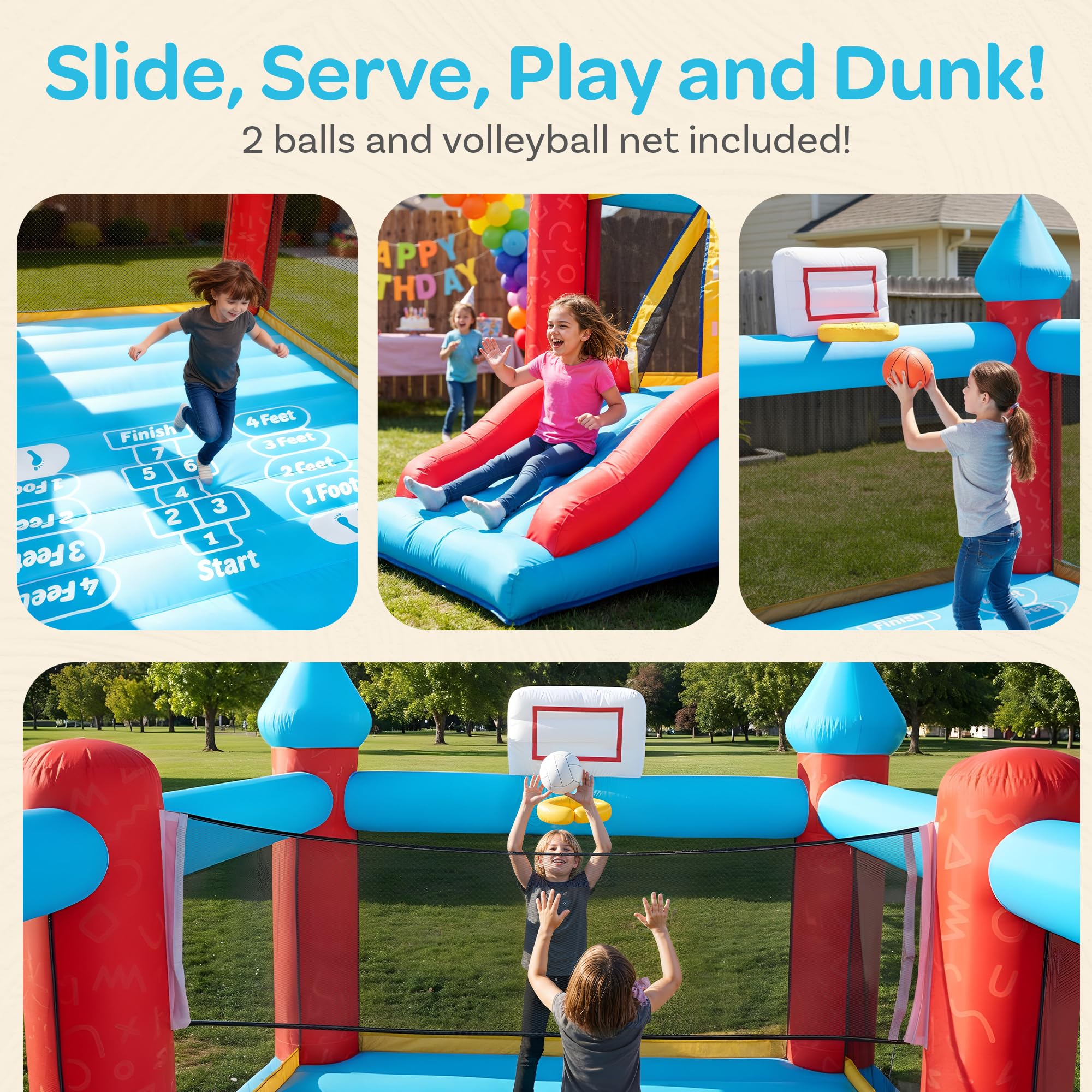 JoyBerri Mighty Bounce House with Blower -16.8' x8.9' Ft Extra Large Inflatable Bouncy Castle with Slide, Volleyball Net, Basketball Hoop — Kids Bounce House for Big Kids 5-12, Outdoor -ASTM Certified