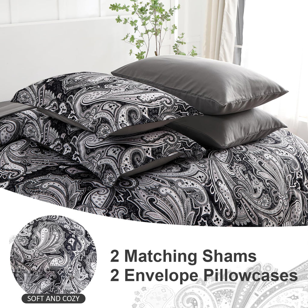 DJY Black Paisley Comforter Set Full Size 7 Piece Bed in a Bag Black and Grey Boho Paisley Pattern Comforter Set Soft Lightweight Microfiber Reversible Bedding Set for All Season