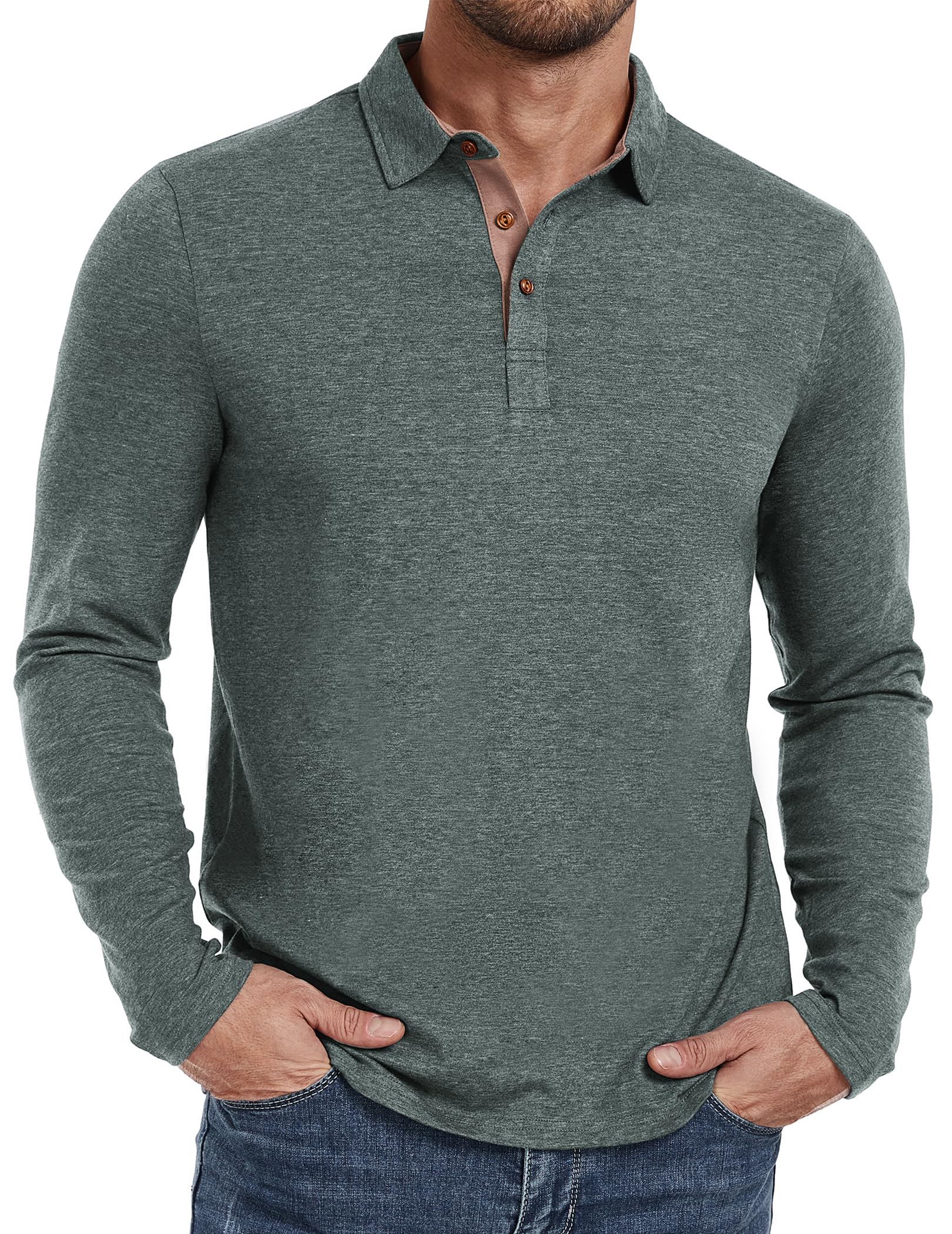 PEGENO Mens Polo Short/Long Sleeve Shirt Classic Button Basic Solid Color Designed Collared Polo Shirt Fashion Casual Shirts