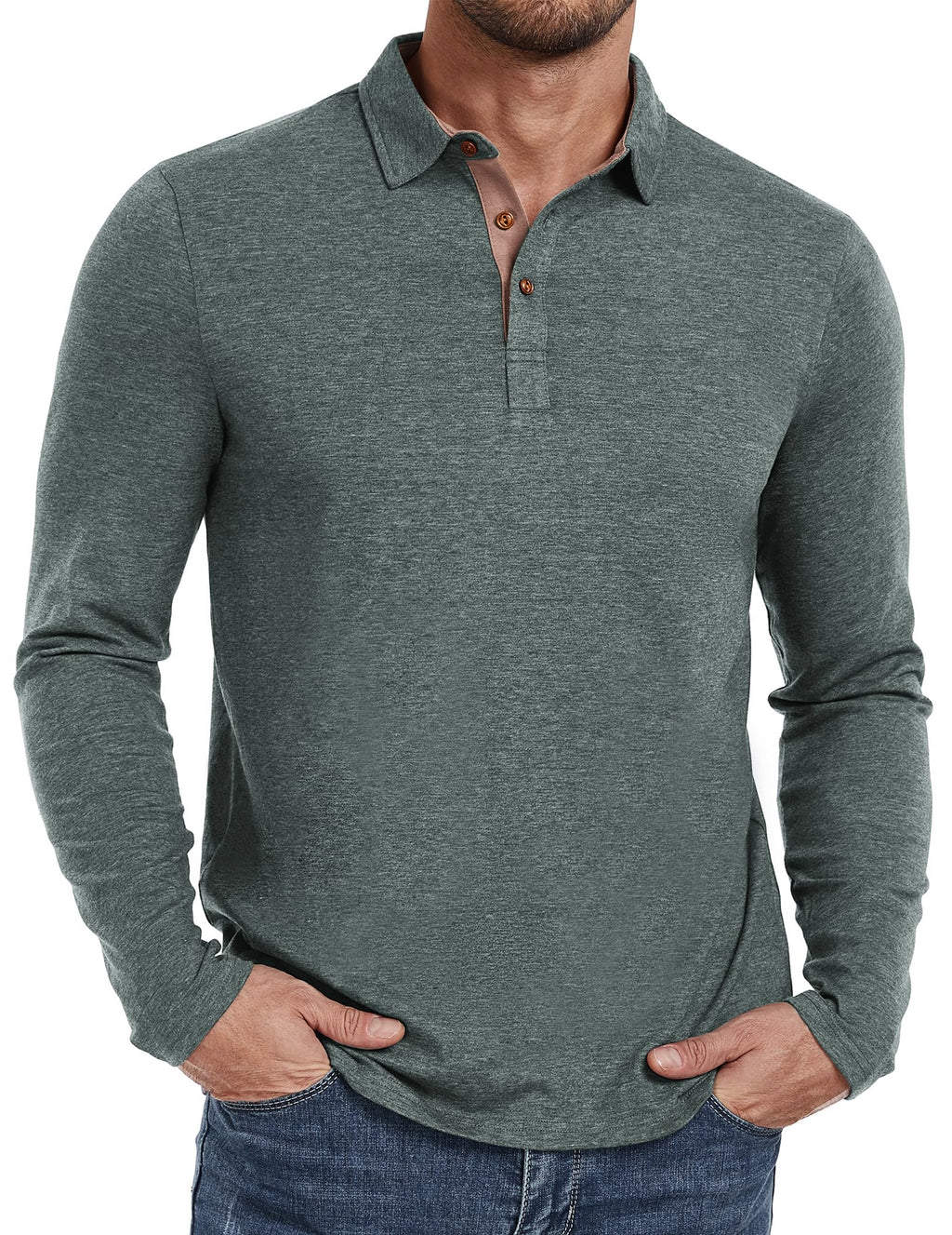 PEGENO Mens Polo Short/Long Sleeve Shirt Classic Button Basic Solid Color Designed Collared Polo Shirt Fashion Casual Shirts