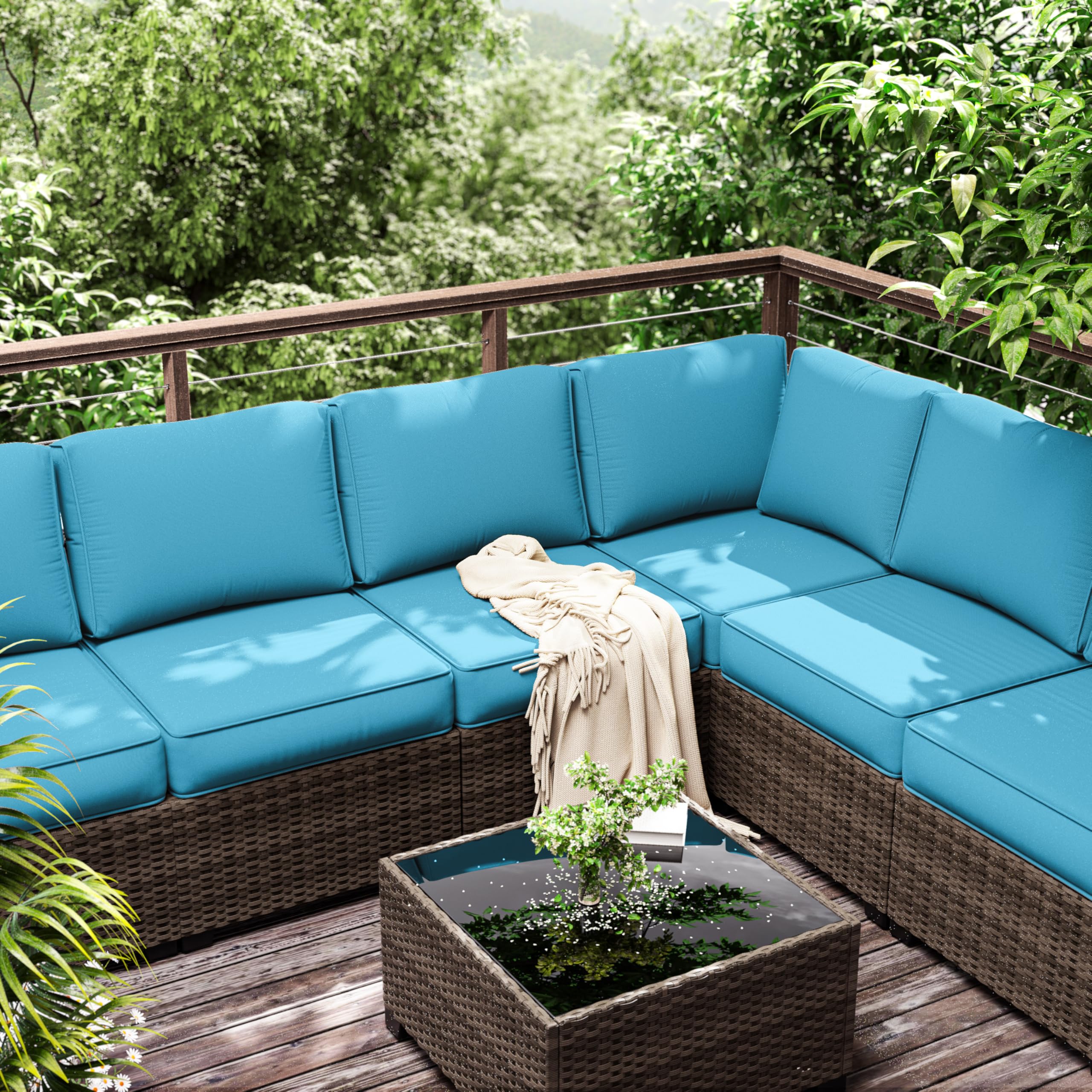 Outdoor Furniture Replacement Cushions, 5" Foam Foam High-Density, Fits 6-seat Sectional Rattan Conversation Set, 14 Piece Patio Water-Resistant Replacement Sofa Cushions, Liner&Cover