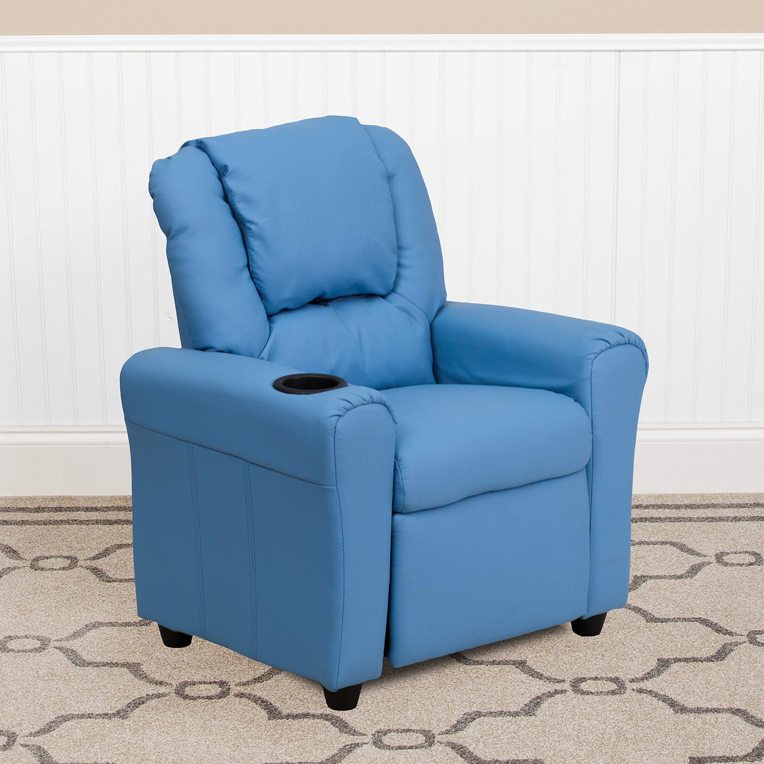 Flash Furniture Vana Vinyl Kids Recliner with Cup Holder, Headrest, and Safety Recline, Contemporary Reclining Chair for Kids, Supports up to 90 lbs., Beige