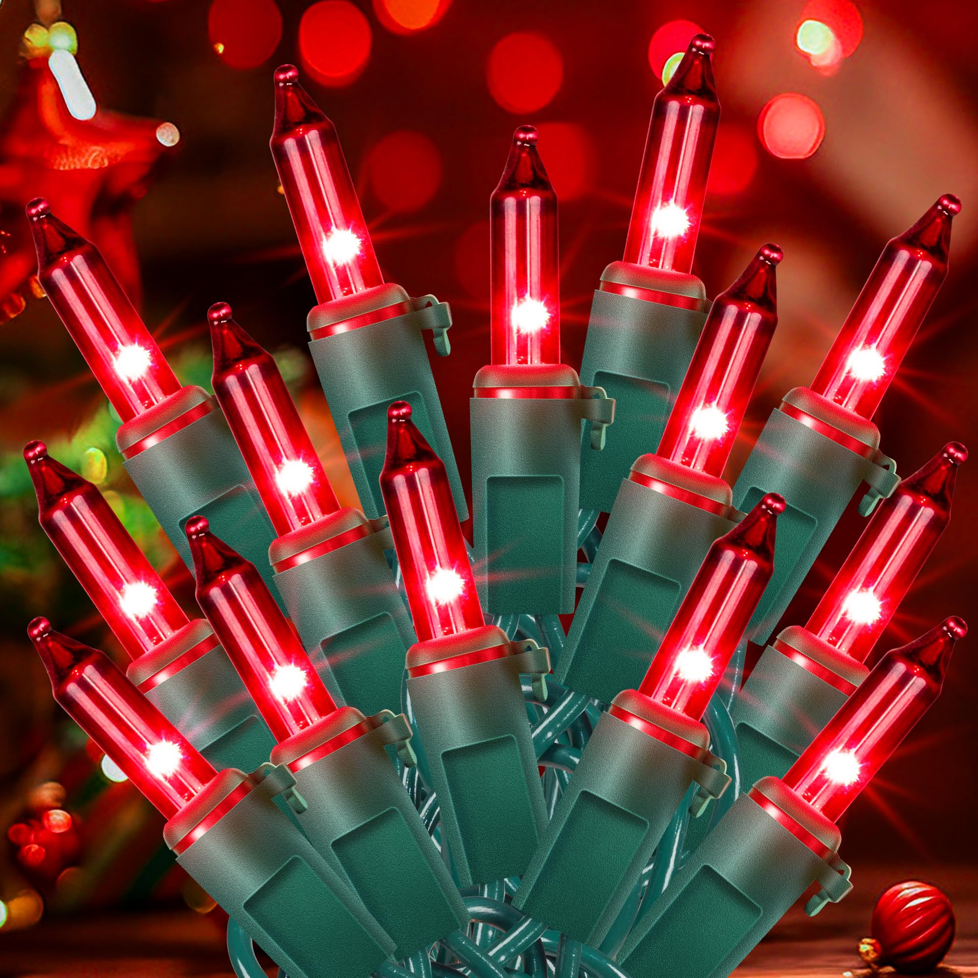 Christmas Lights Indoor Outdoor, 2PACK 13FT 50-count Lights Incandescent Mini valentine's day String Light, 120V Certified Green Wire Light for Xmas Tree, Patio, Holiday, Party, Home, Garden Decor,Red