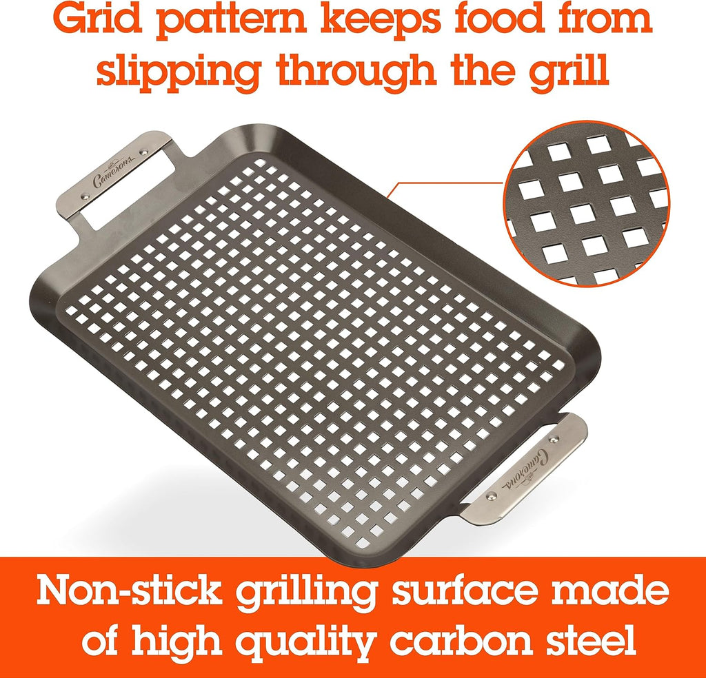 Camerons BBQ Grill Topper Grilling Pans (Set of 2)- Non-Stick Barbecue Trays w Stainless Steel Handles - Indoor Outdoor use for Barbecue & Smoked Meat, Vegetables & Seafood- Grill Gift for Fathers Day