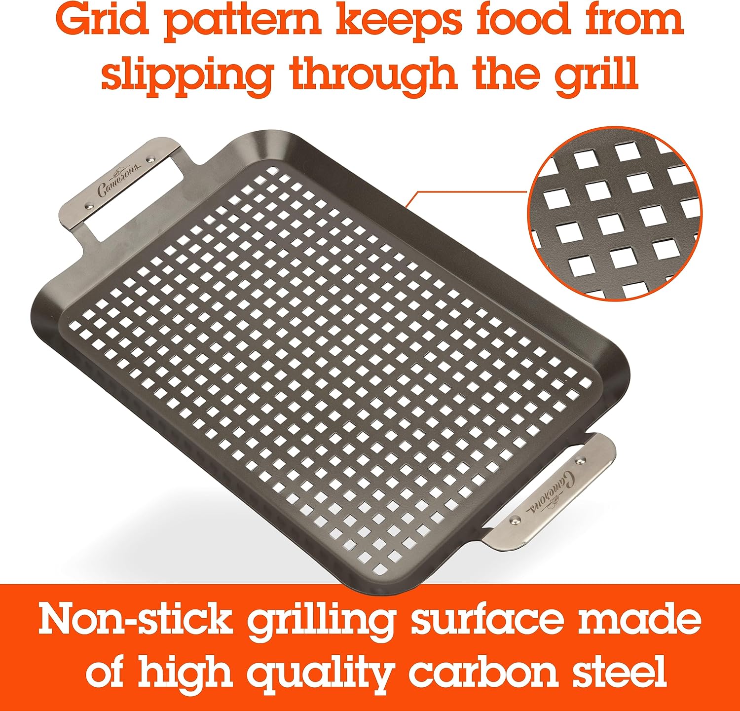 Camerons BBQ Grill Topper Grilling Pans (Set of 2)- Non-Stick Barbecue Trays w Stainless Steel Handles - Indoor Outdoor use for Barbecue & Smoked Meat, Vegetables & Seafood- Grill Gift for Fathers Day