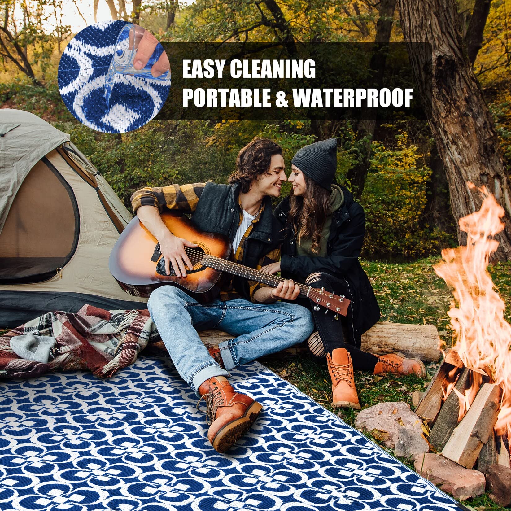 HUGEAR Outdoor Patio Rug 3'x5' Waterproof Outside Area Rugs Blue Reversible Plastic Straw Carpet for RV Deck Camping Entryance Porch Picnic Balcony Beach