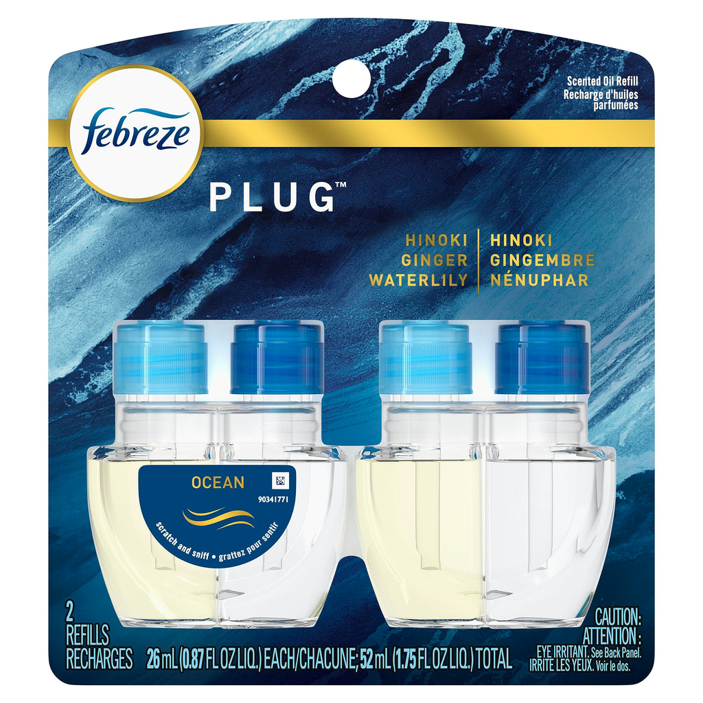 Febreze Plug in Air Freshener, Odor-Fighting Scented Oil Starter Kit, Air Fresheners for Home and Bathroom and Kitchen, Long Lasting for Strong Odors, Ocean Scent, Warmer + 2 Refill