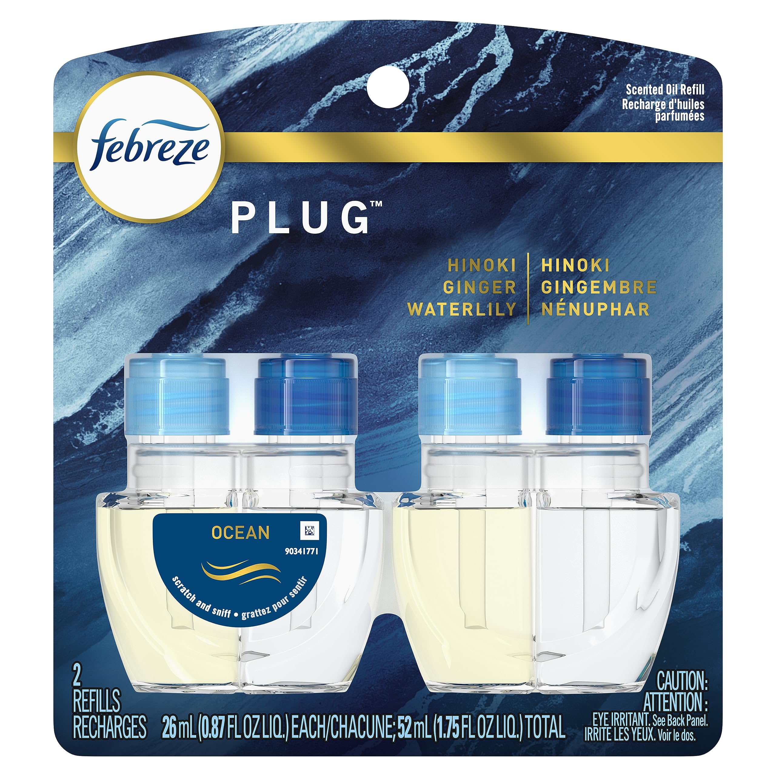 Febreze Plug in Air Freshener, Odor-Fighting Scented Oil Starter Kit, Air Fresheners for Home and Bathroom and Kitchen, Long Lasting for Strong Odors, Ocean Scent, Warmer + 2 Refill