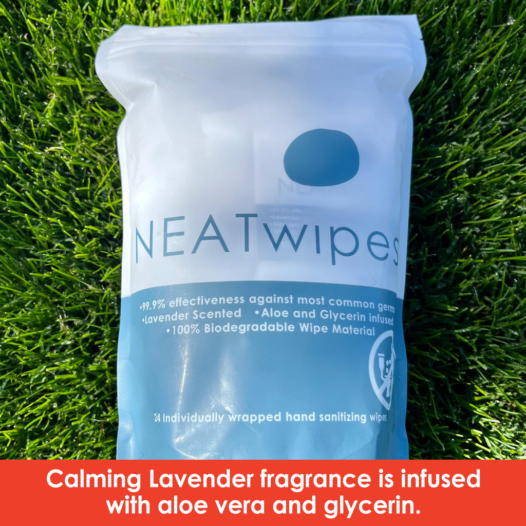 NEATwipes Hand Sanitizing Wipes | Travel Size | Disposable Wet Wipe & Biodegradable | Fresh Citrus Essential Oil | Soothing Aloe Vera | 24 Individually Wrapped Wipes
