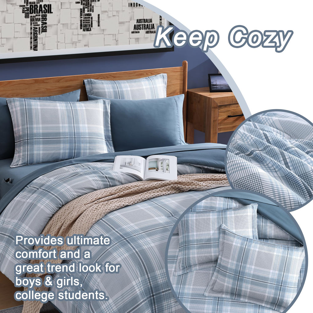 AMBERSPACE Plaid Twin XL Comforter Set Black, Reversible Checkered Bedding Set 5 Pieces for Boys Girls Teen, Lightweight Bed in a Bag for Dorm with Sheets, Pillowcase & Sham
