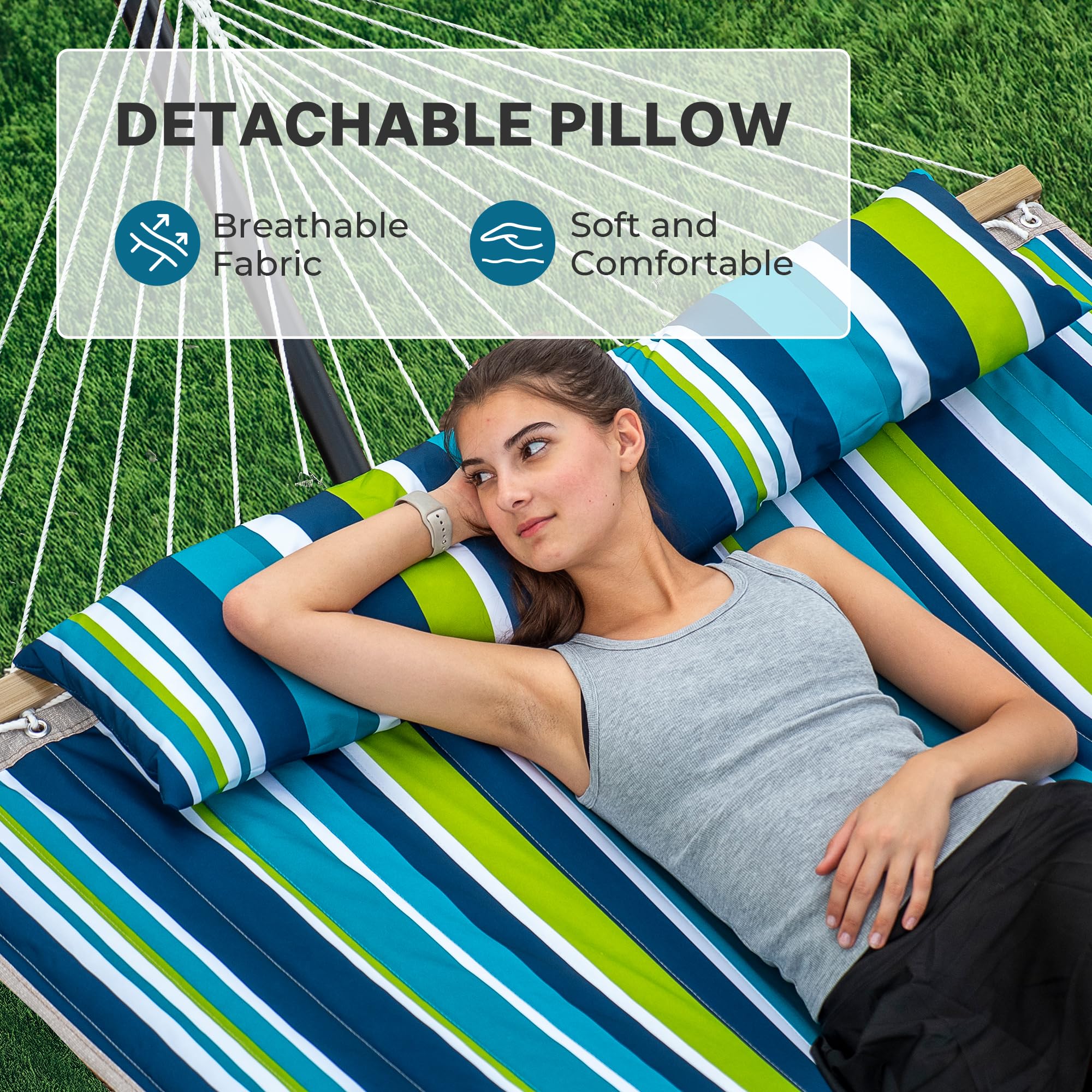 SUPERJARE Hammock with Stand, 2 Person Quilted Outdoor Hammock, Detachable Pillow & Bamboo Spreaders, Portable Hammock with Carrying Bag, Heavy Duty Stand, Perfect for Outside, Patio, Aqua Blue