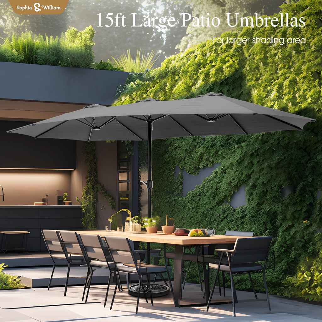 Sophia & William 15 ft Extra Large Patio Umbrella with Base Included, Rectangular Outdoor Umbrella Heavy Duty, Market Umbrella Double-sided Fade Resistant for Pool Garden Backyard, Beige