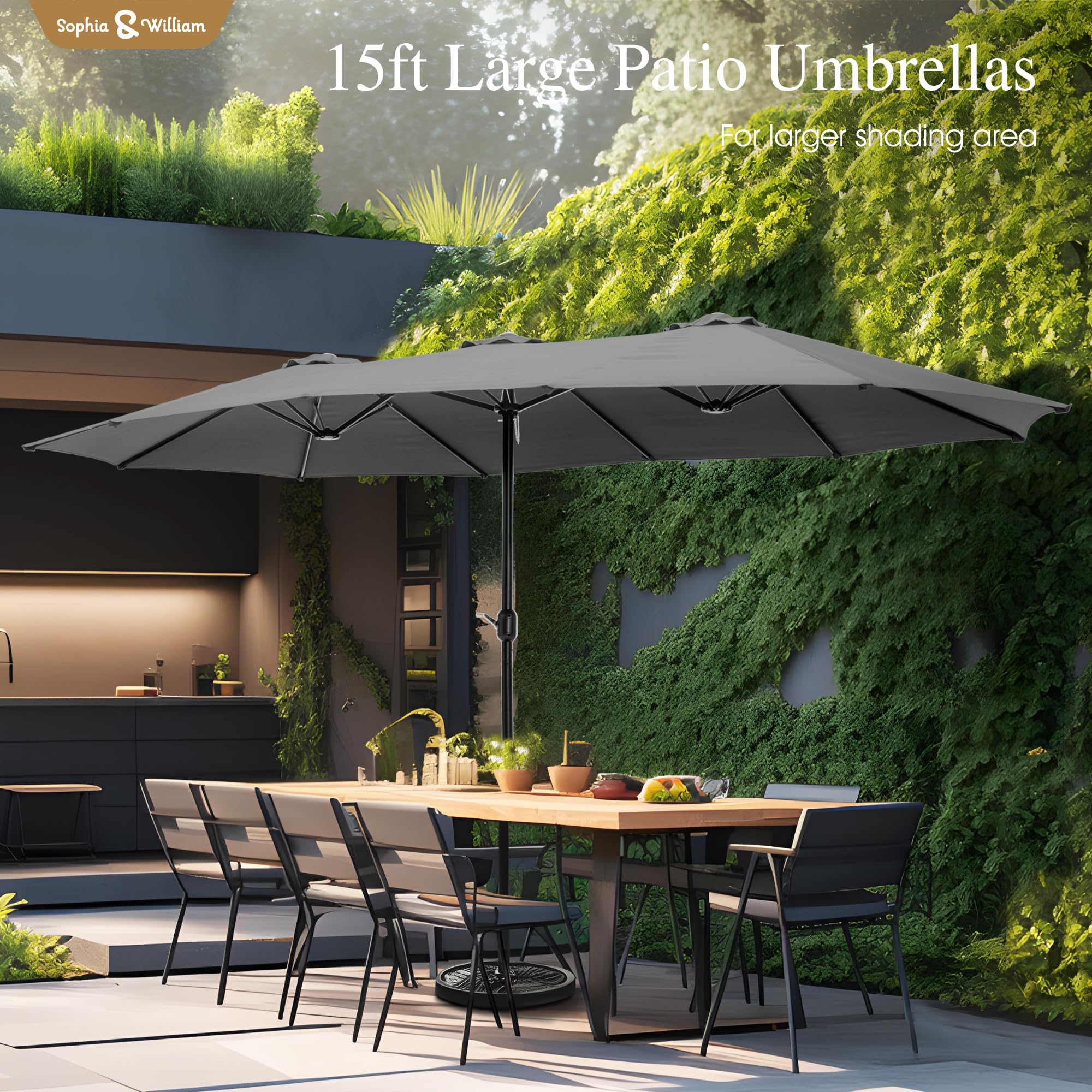 Sophia & William 15 ft Extra Large Patio Umbrella with Base Included, Rectangular Outdoor Umbrella Heavy Duty, Market Umbrella Double-sided Fade Resistant for Pool Garden Backyard, Beige