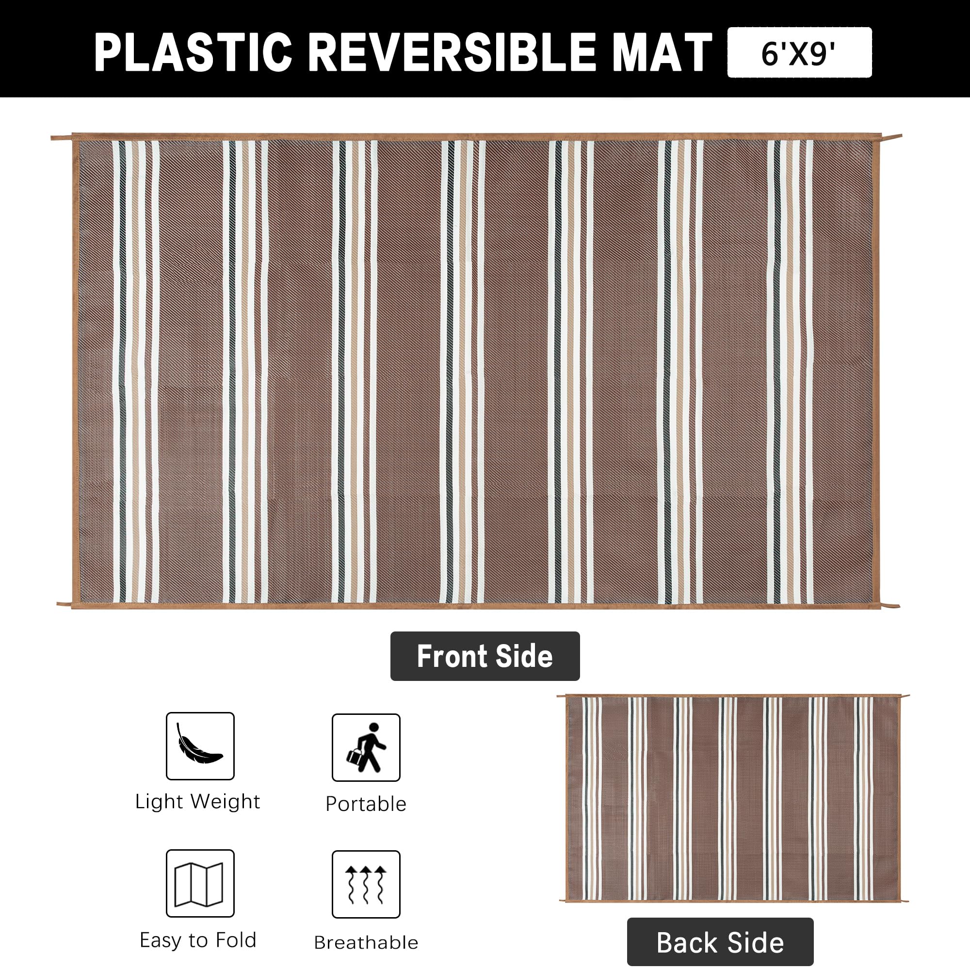 PureCozy Outdoor Plastic Straw Rug Black Beige Large Outside Waterproof Outdoor Patio 5x8 Carpet Geometric Reversible Mat Modern for Camping RV Porch Deck Balcony Beach
