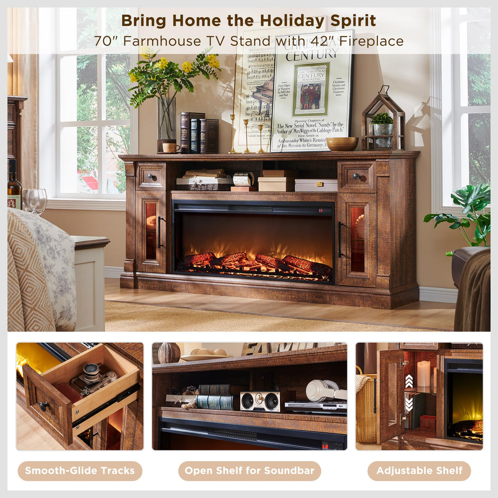 OKD Fireplace TV Stand for 80 Inch TV - Farmhouse Entertainment Center with 42" Electric Fireplace & LED Lights, Wood Media Console with Storage Drawers & Cabinets for Living Room, Antique White