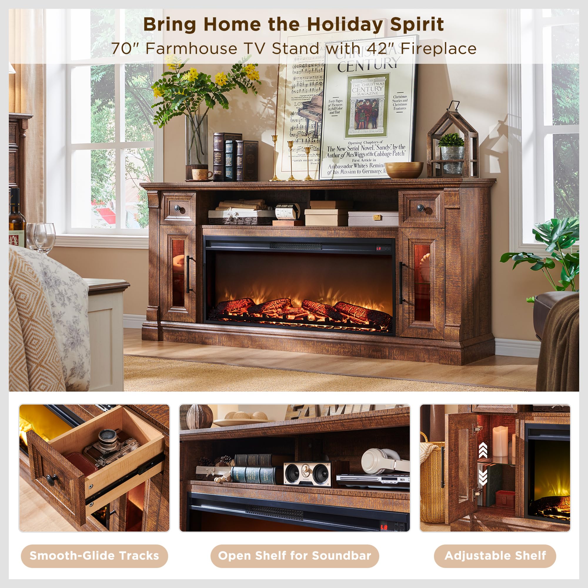 OKD Fireplace TV Stand for 80 Inch TV - Farmhouse Entertainment Center with 42" Electric Fireplace & LED Lights, Wood Media Console with Storage Drawers & Cabinets for Living Room, Antique White